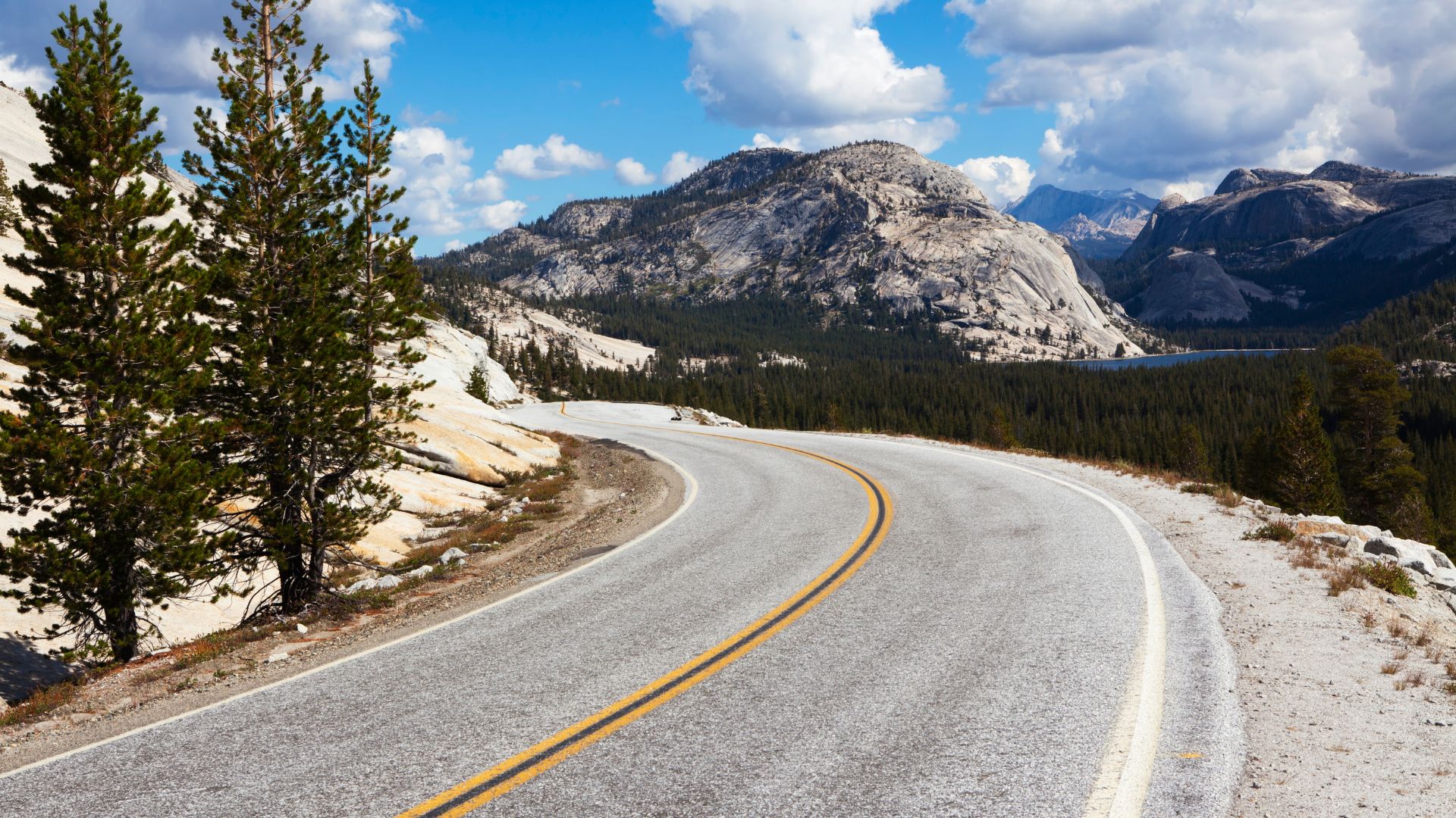 A winding paved road (Tioga Road) with a double yellow line curves through a mountainous landscape in Yosemite National Park, flanked by evergreen trees and granite domes under a partly cloudy sky.