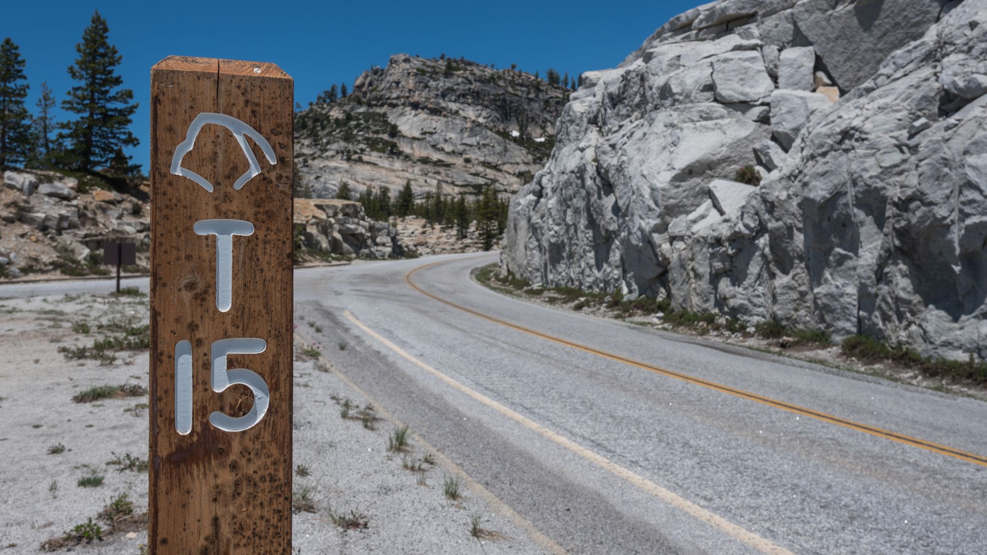 A rustic wooden signpost with "Tioga Pass" and "15" carved into it stands beside a winding road cutting through a mountainous, rocky landscape under a clear blue sky.