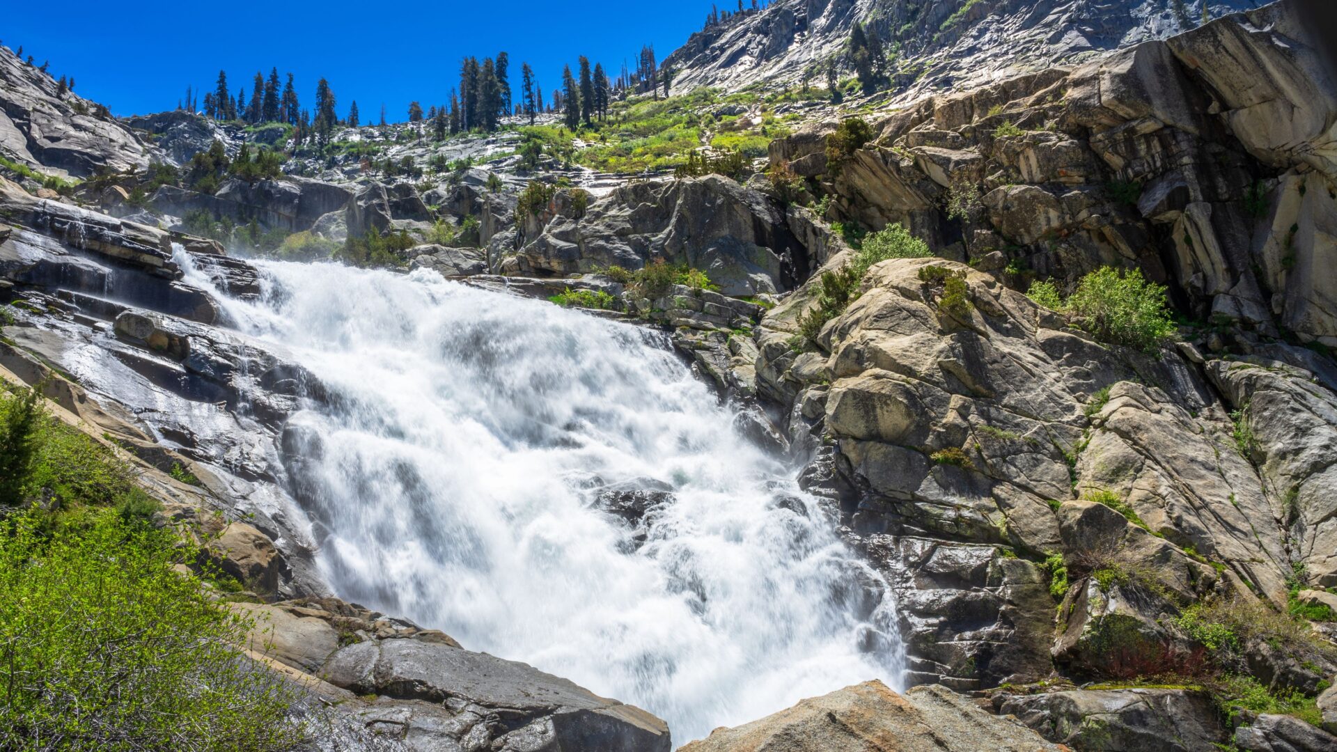 A powerful waterfall, Tokopah Falls, cascades down a large, rocky granite slope, surrounded by lush green foliage and towering trees on the mountainsides under a clear blue sky.
