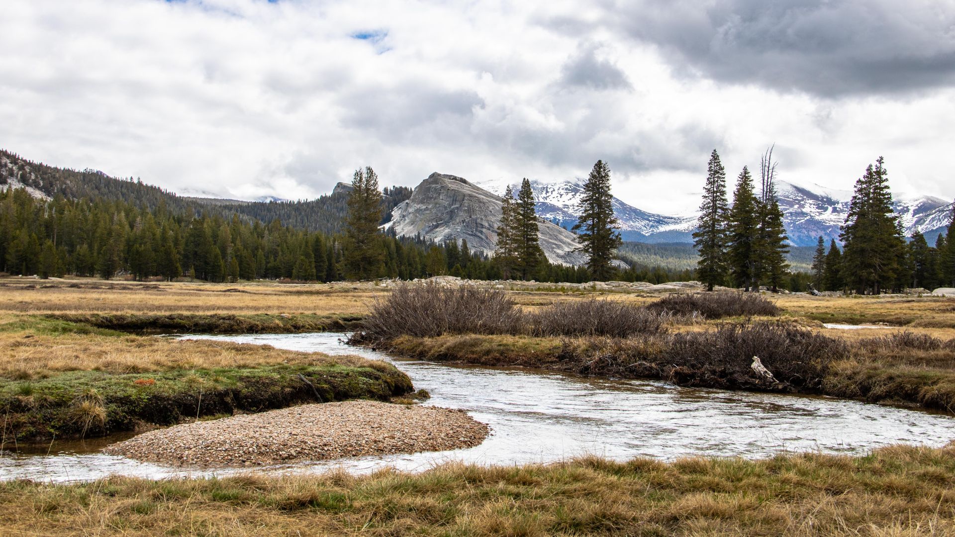 A wide-angle view of Tuolumne Meadows in Yosemite National Park, featuring the winding Tuolumne River in the foreground, surrounded by grassy meadows and scattered pine trees, with snow-capped mountains and a cloudy sky in the background.