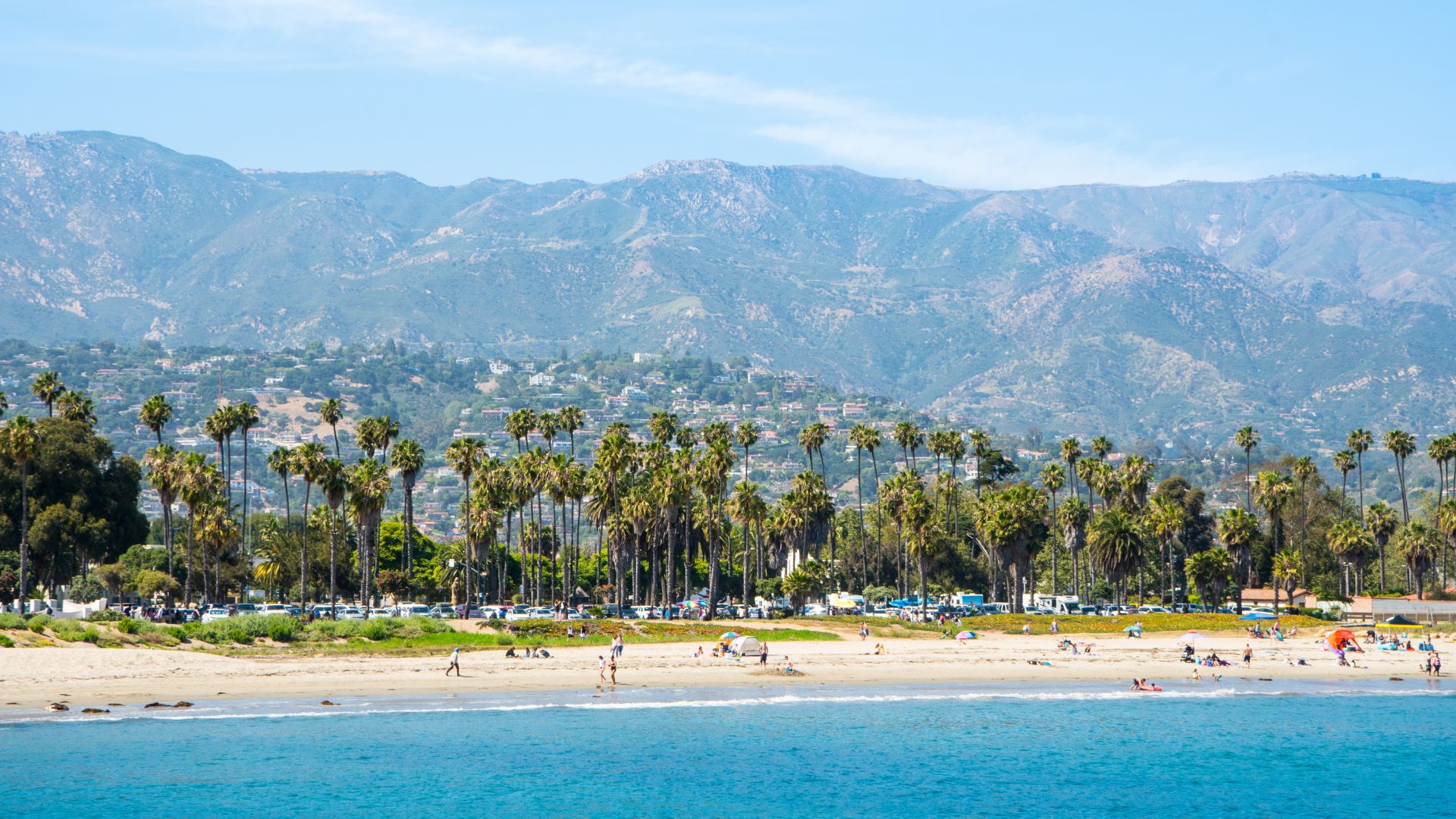 A wide-angle view of West Beach in Santa Barbara, California, showing the sandy beach in the foreground with people enjoying the sun and water, a line of palm trees and a road behind the beach, and the Santa Ynez Mountains in the background under a clear blue sky. 