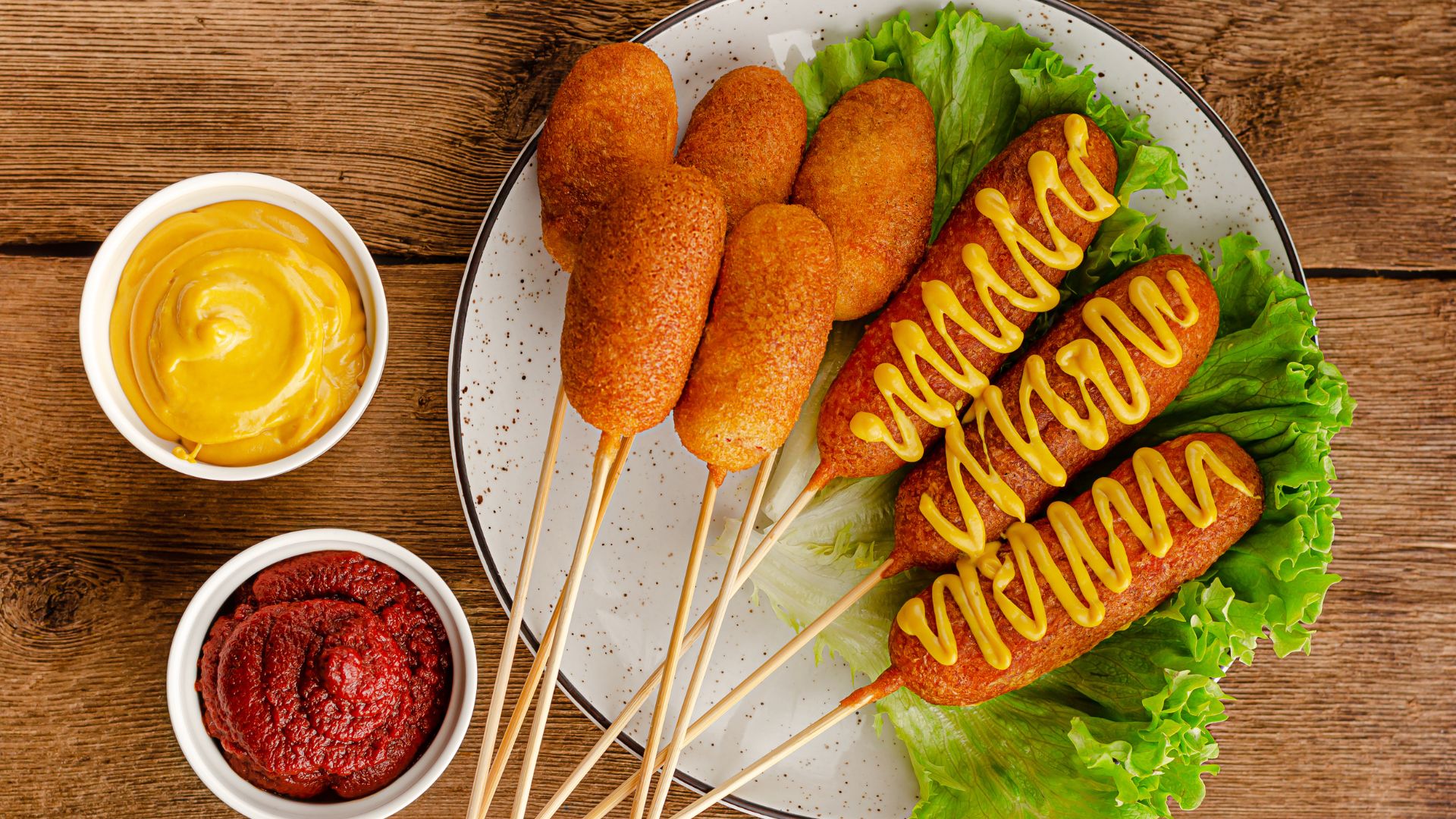 A plate of golden-brown corn dogs, some drizzled with yellow mustard, rests on a bed of green lettuce, accompanied by two white bowls containing yellow mustard and red ketchup on a rustic wooden surface.