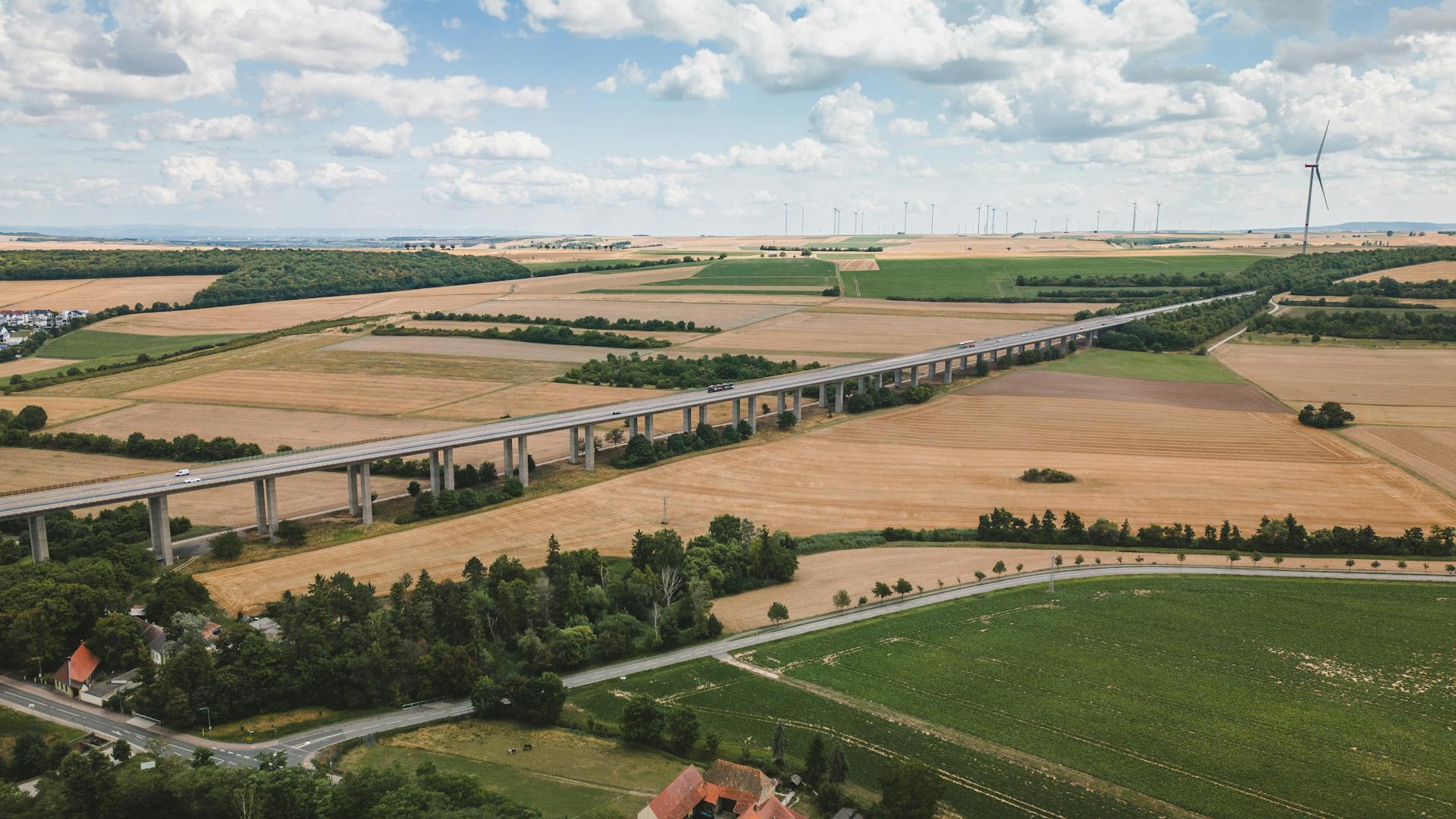 Aerial view of the German Autobahn cutting through rural farmland