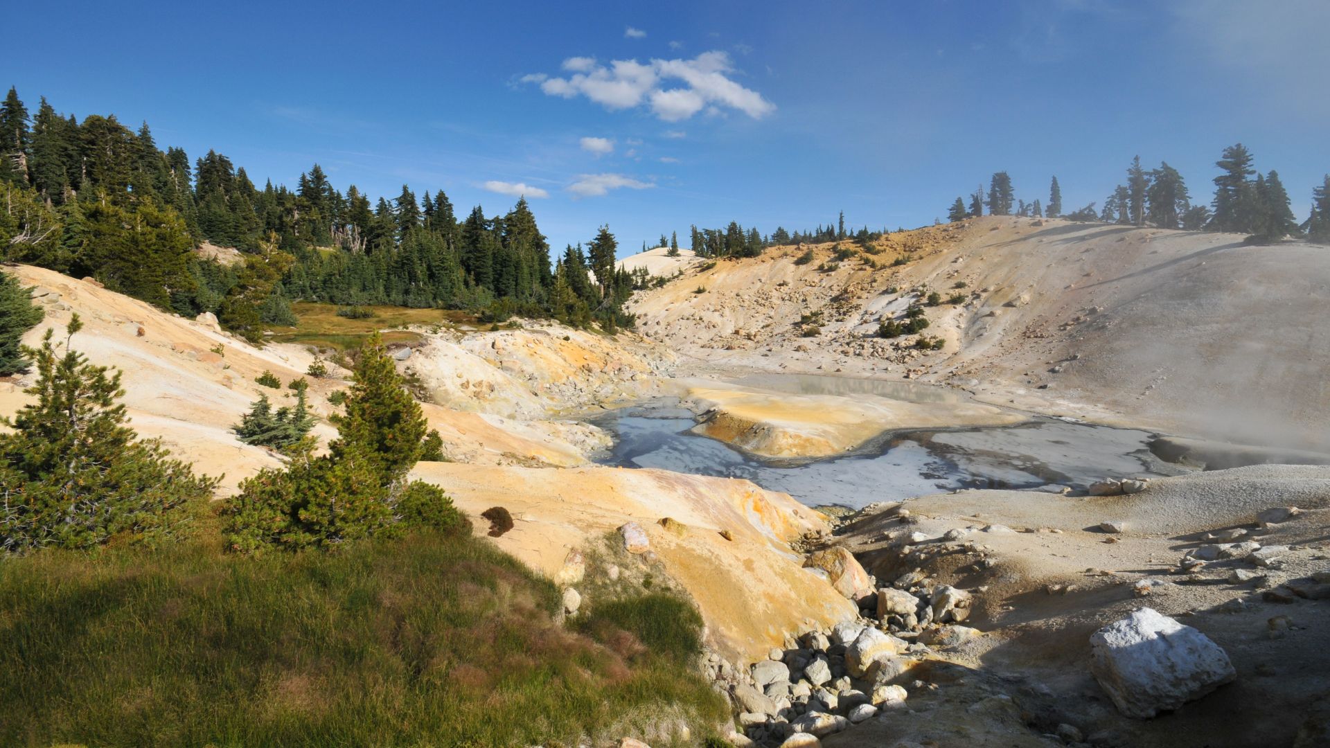 A panoramic view of Bumpass Hell in Lassen Volcanic National Park, California, showcasing a barren, light-colored landscape with geothermal features like steam vents and mud pots, surrounded by green hills with scattered pine trees under a clear blue sky.