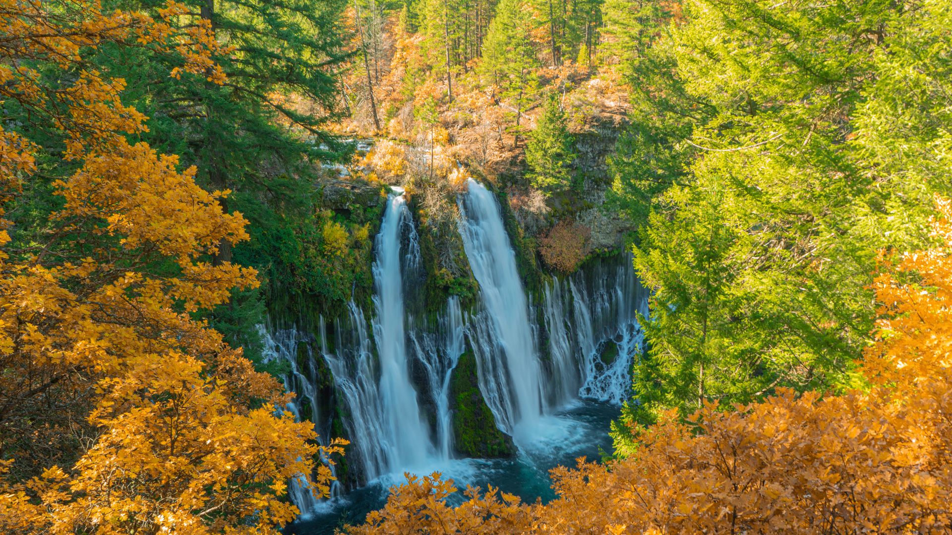 A vibrant image of Burney Falls in autumn, showcasing the multi-stream waterfall cascading into a pool, surrounded by lush green and golden-orange fall foliage.