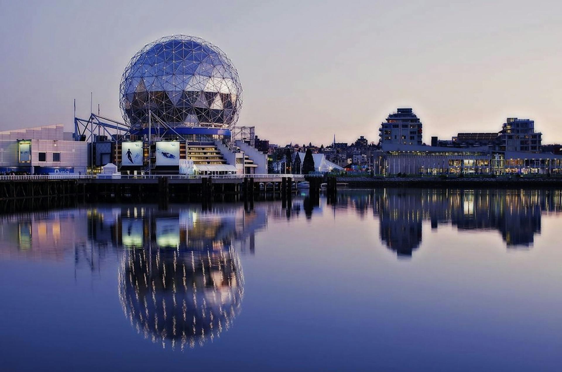 The iconic geodesic dome of Science World in Vancouver, Canada