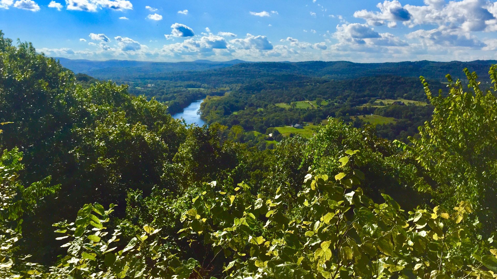 A panoramic view from a high vantage point, looking over a lush green valley with rolling hills and a winding river in the distance under a partly cloudy blue sky. The foreground is filled with dense green foliage.