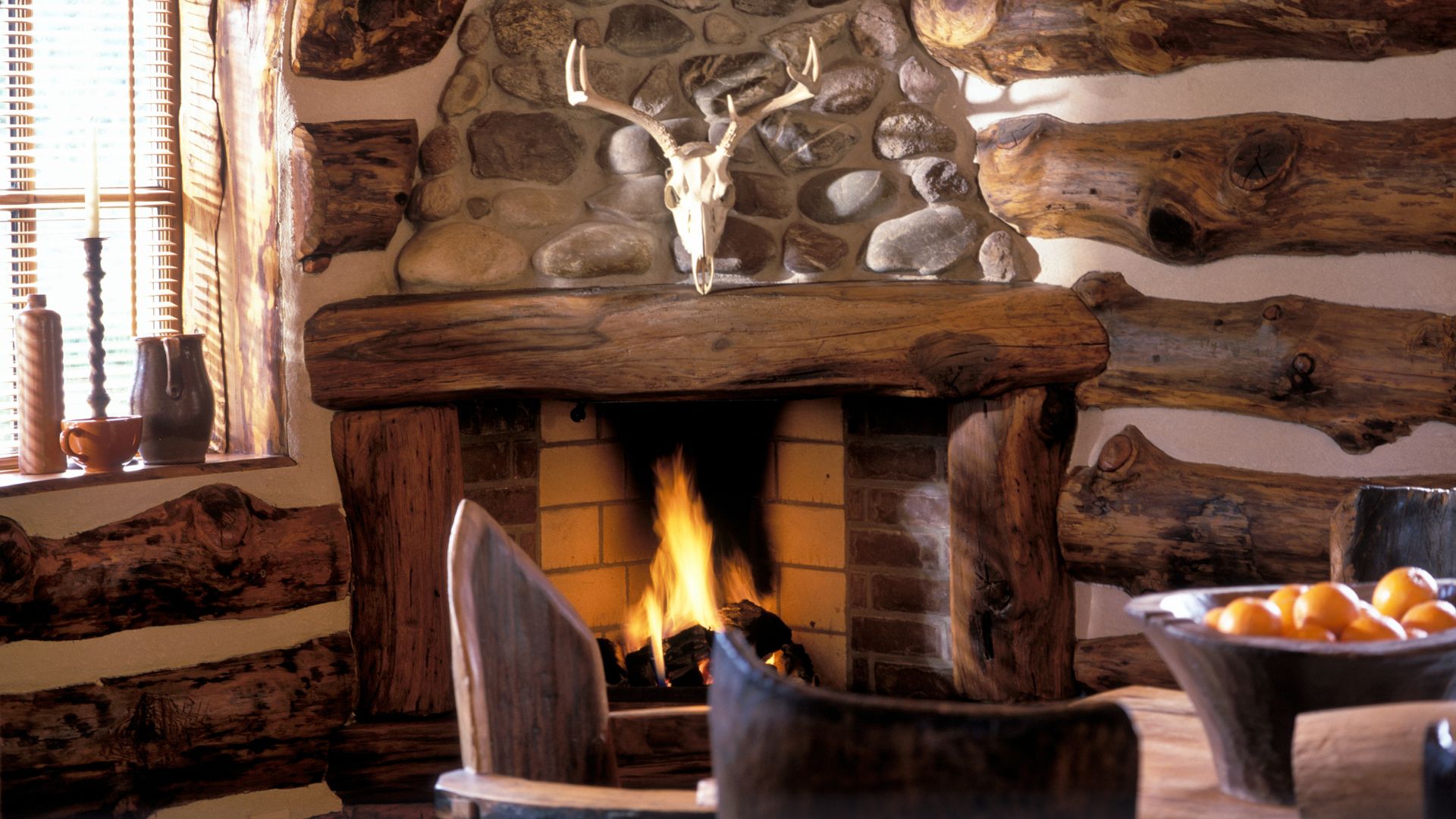 Fireplace in a log cabin