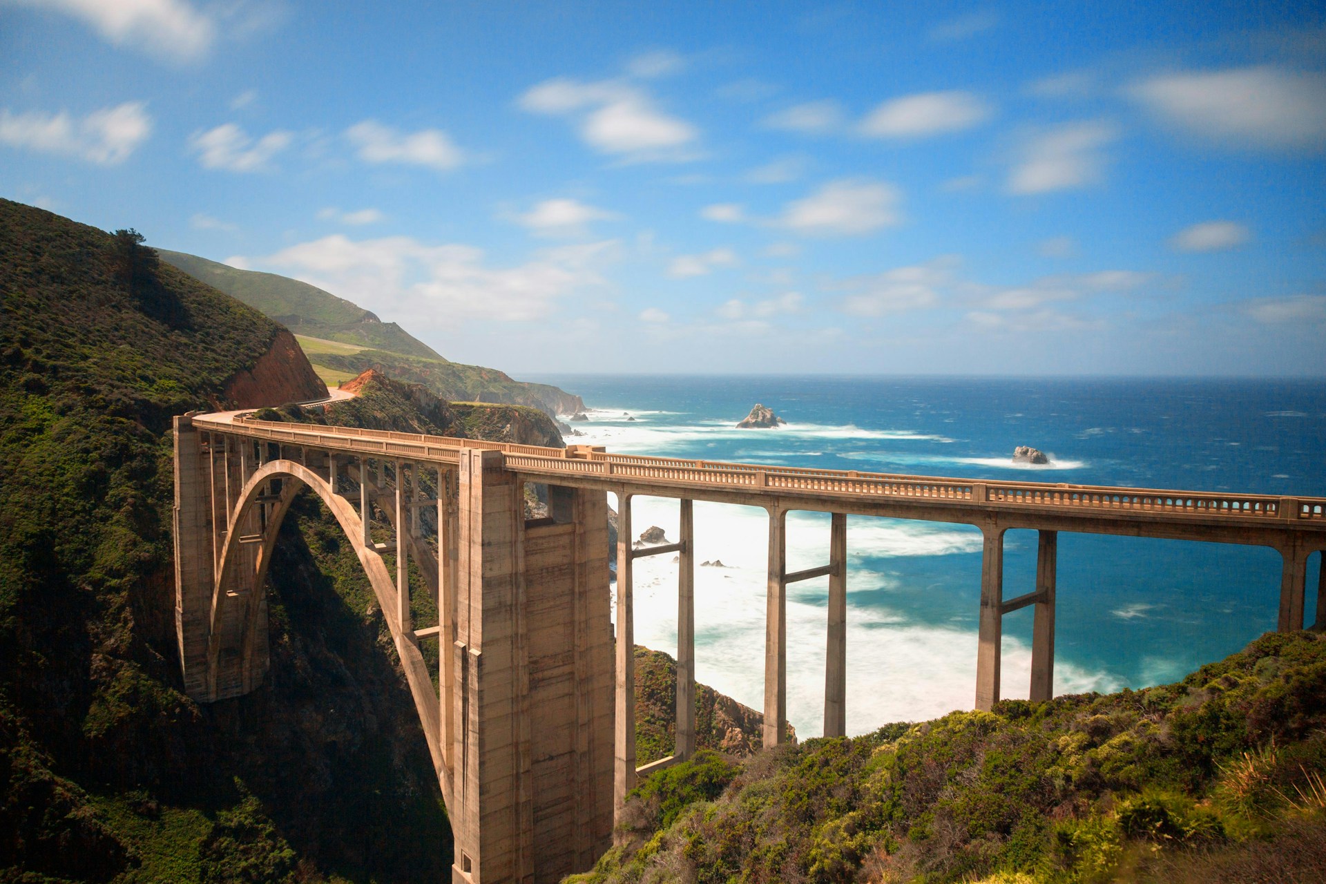 A section of Highway 1 winding along the dramatic California coastline