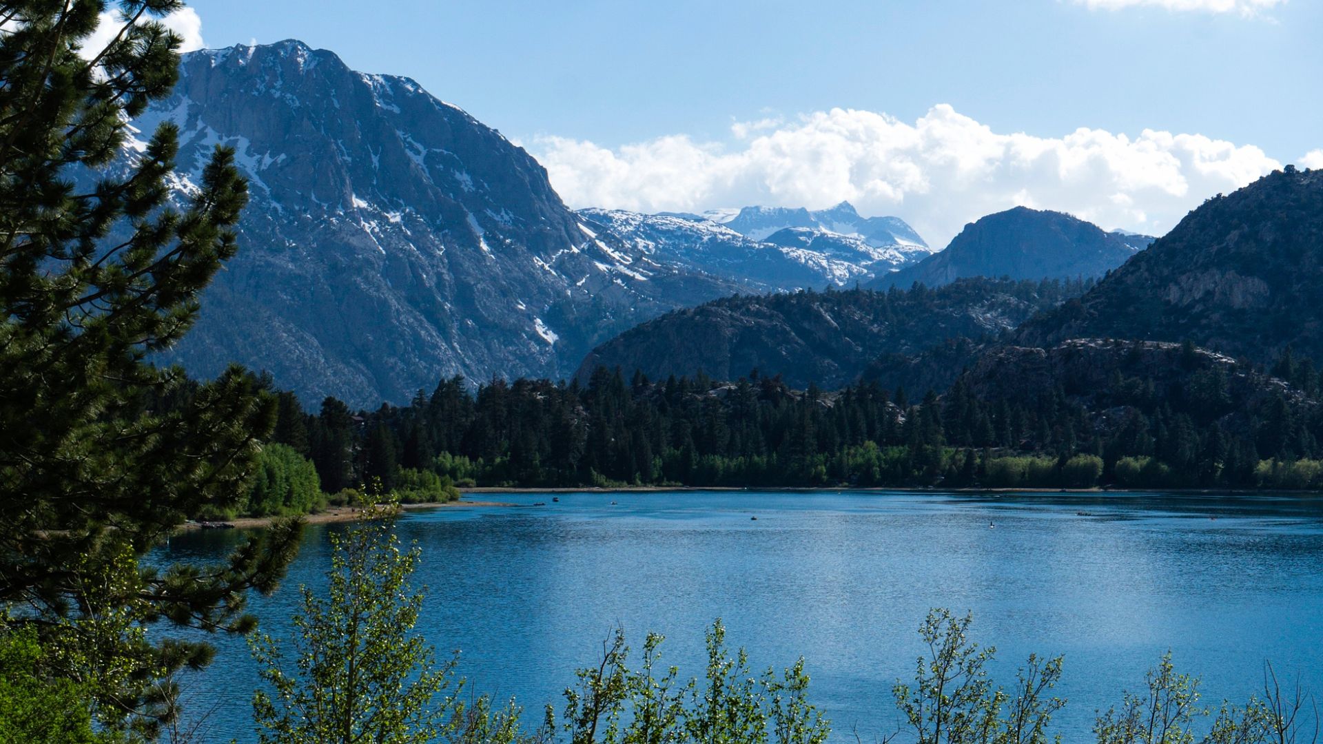 A serene blue lake, June Lake, is framed by lush green trees in the foreground and towering, snow-capped mountains under a partly cloudy sky in the background.