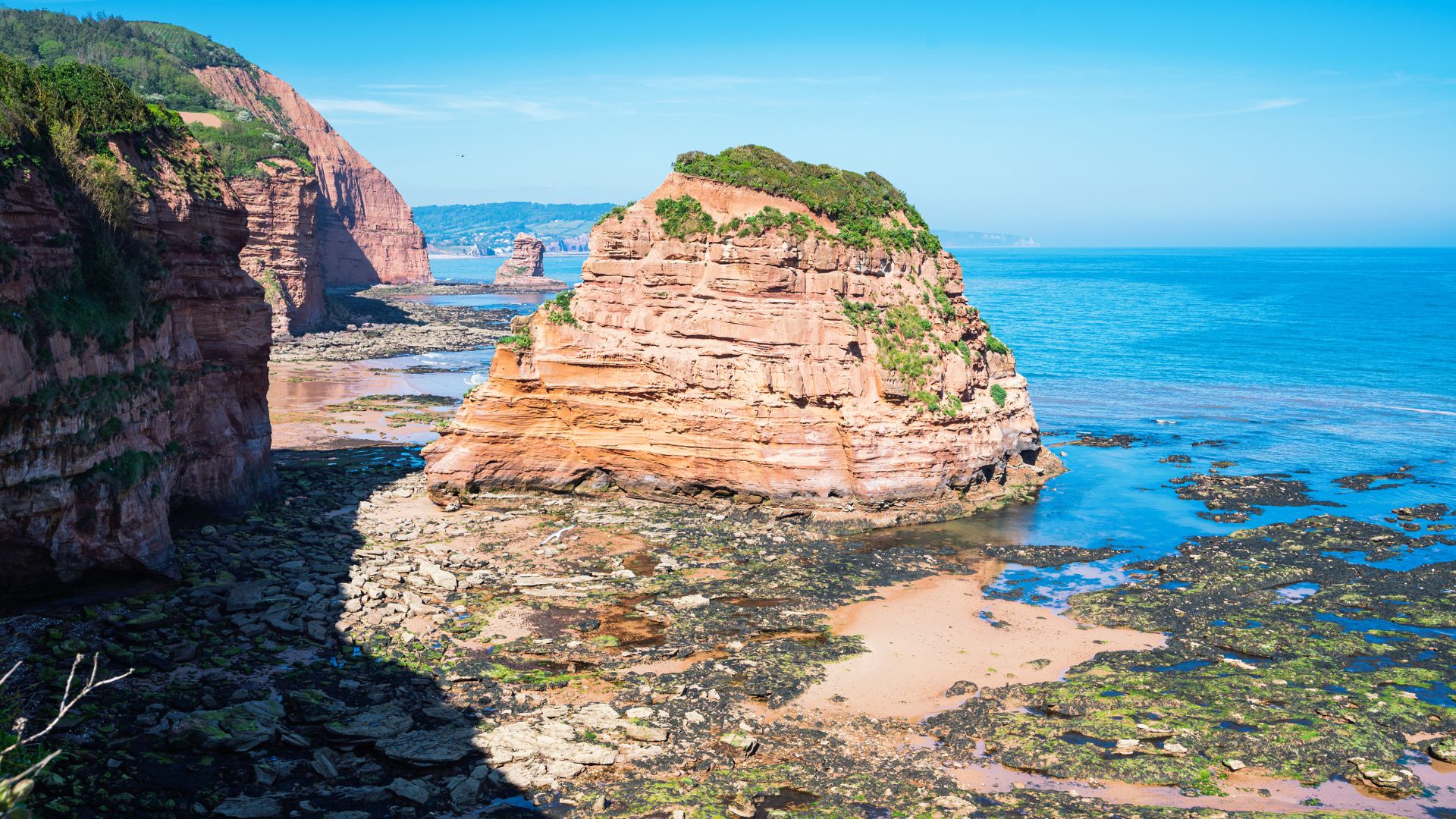 A panoramic view of Ladram Bay, featuring towering red sandstone cliffs and a distinctive sea stack rising from the pebble and rock-strewn beach, with the calm blue sea extending to the horizon under a clear sky.