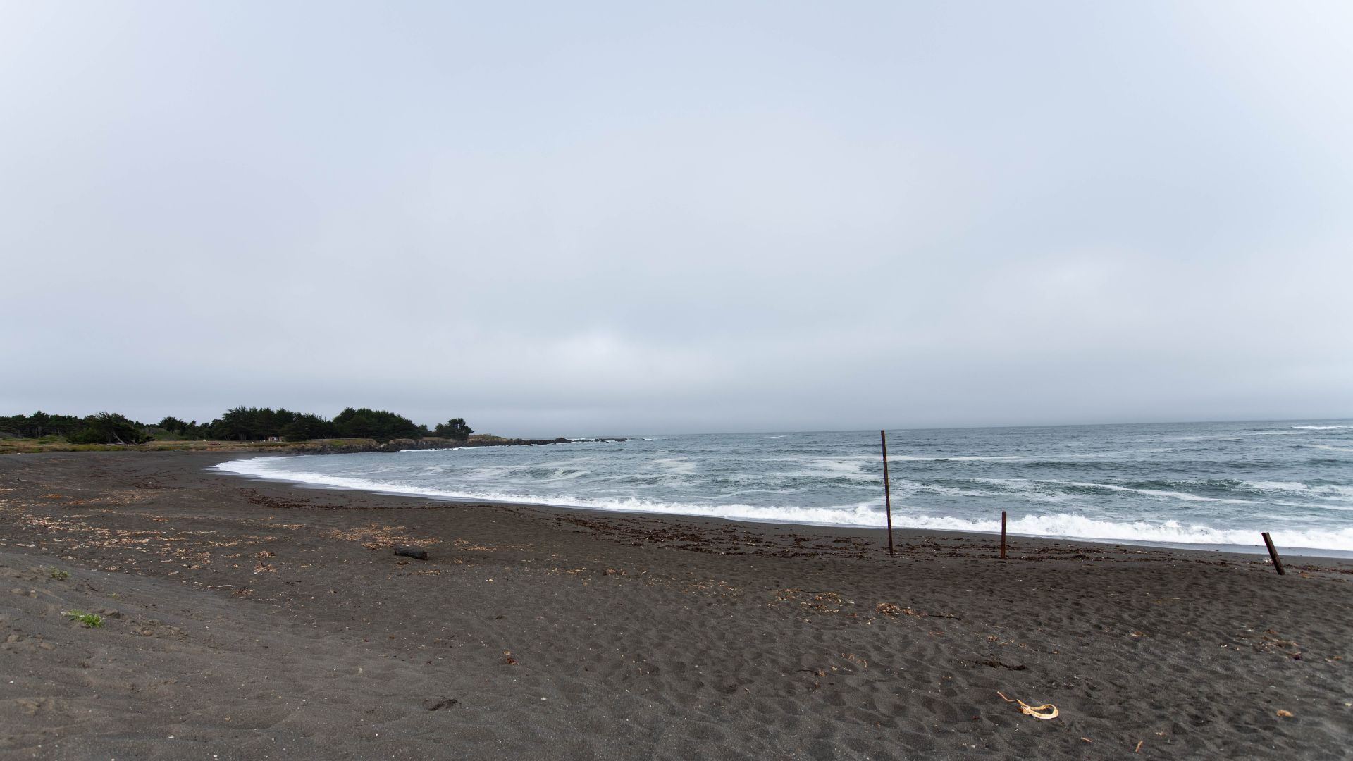 A wide shot of a dark sand beach meeting a cloudy ocean under an overcast sky, with waves breaking on the shore and some vertical poles visible in the sand, likely at MacKerricher State Park in California.