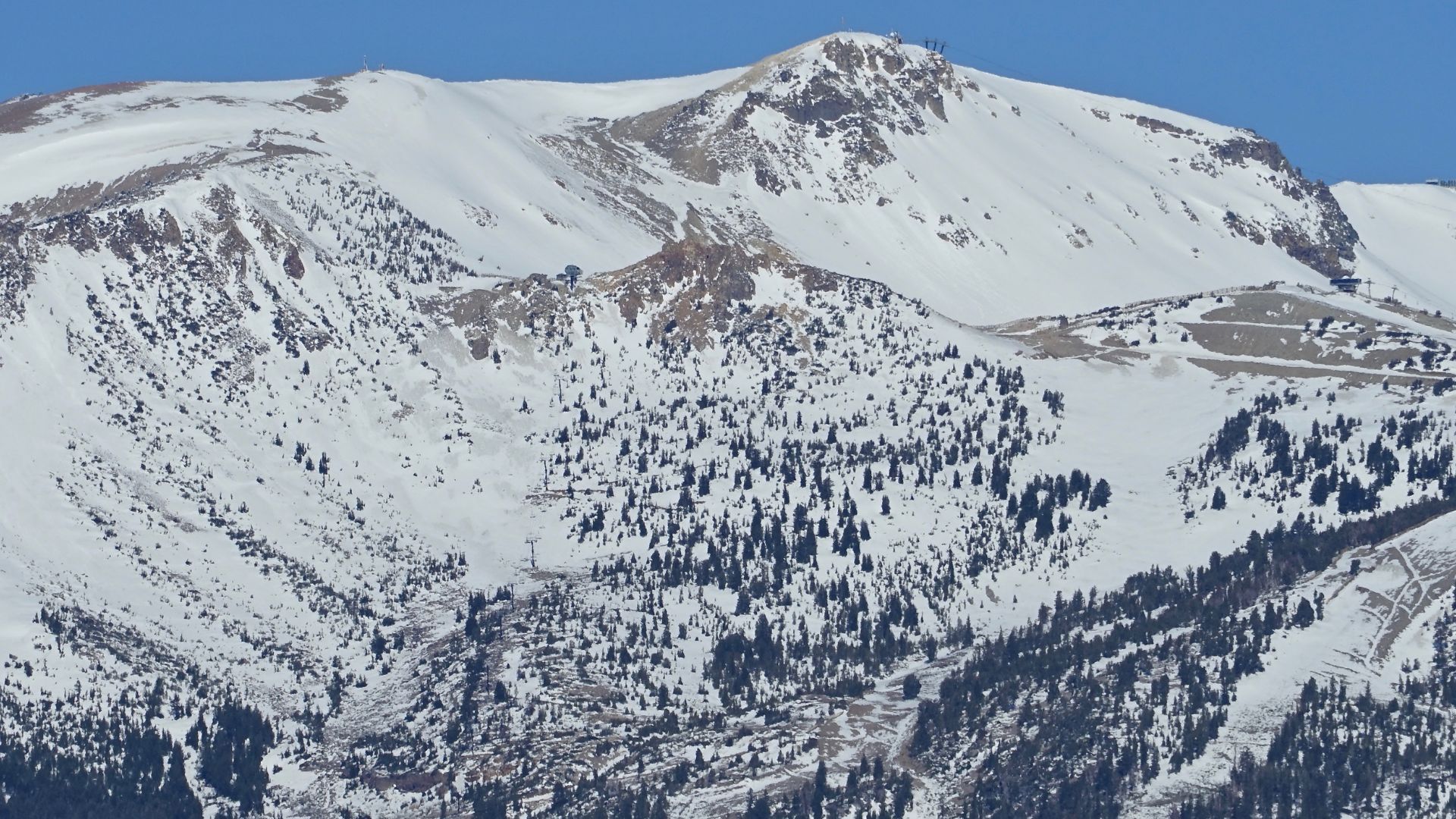 A wide shot of a snow-covered mountain with patches of dark green evergreen trees, under a clear blue sky. The mountain features visible ski runs and lift lines on its slopes.
