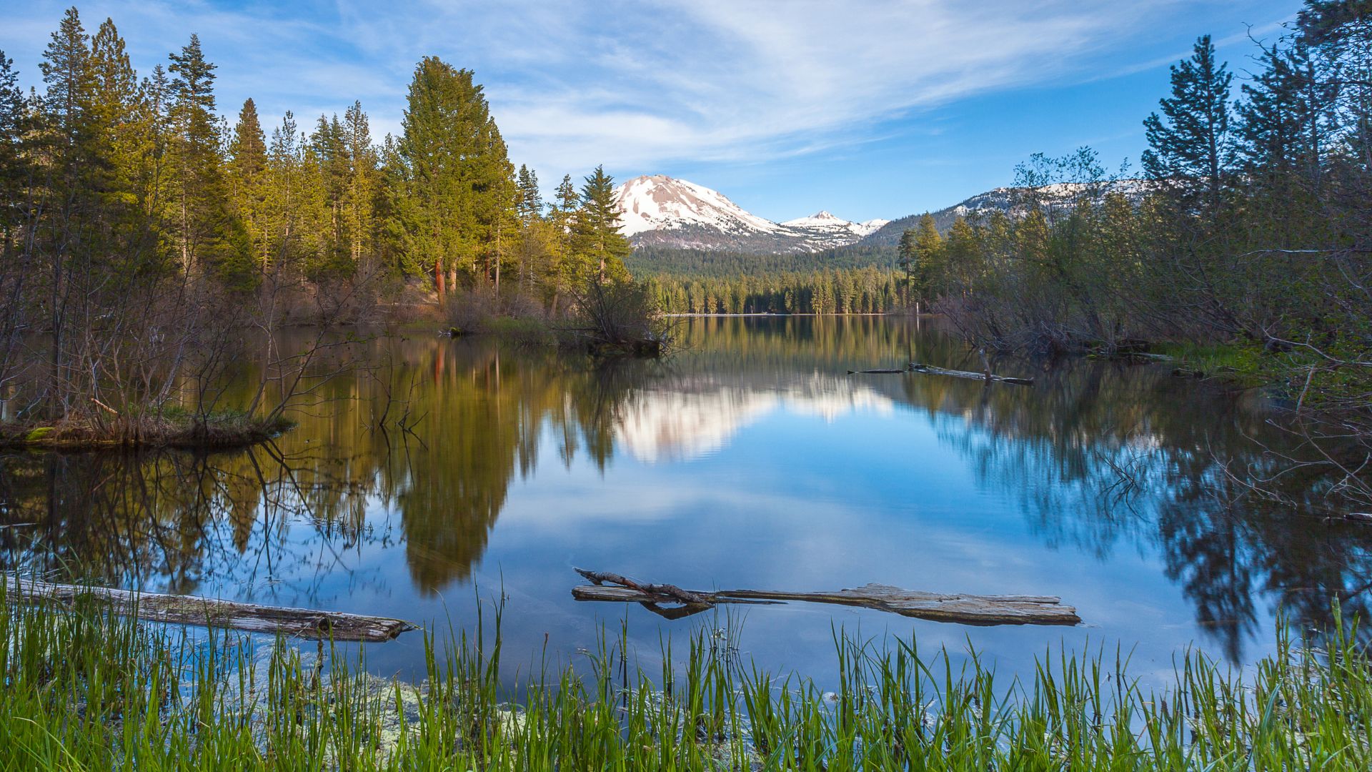 A serene lake, Manzanita Lake, reflects a clear blue sky and a snow-capped mountain (Lassen Peak) in the background, surrounded by lush green forests and foreground grasses, with a few logs floating in the water.