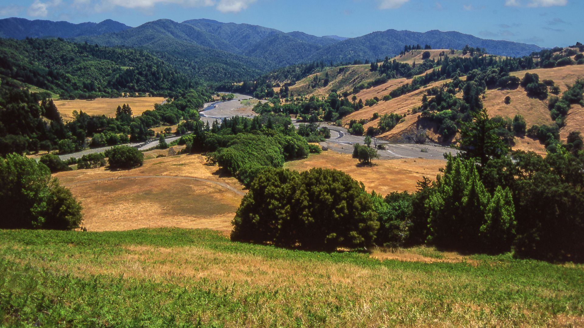 A wide shot of a river valley with a winding river, surrounded by rolling hills covered in golden grasses and scattered green trees under a clear sky. In the foreground, a grassy hillside slopes down towards the valley.