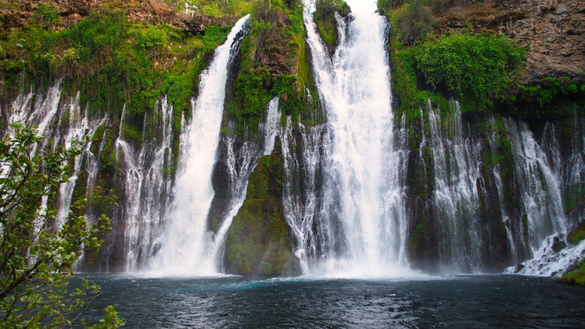 A wide shot of McArthur-Burney Falls, a large, multi-stream waterfall cascading into a clear blue pool at the base of a lush, green, moss-covered rock face.