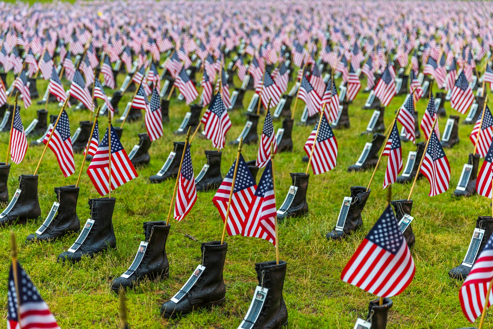 Arlington National Cemetery, adorned with American flags for Memorial Day