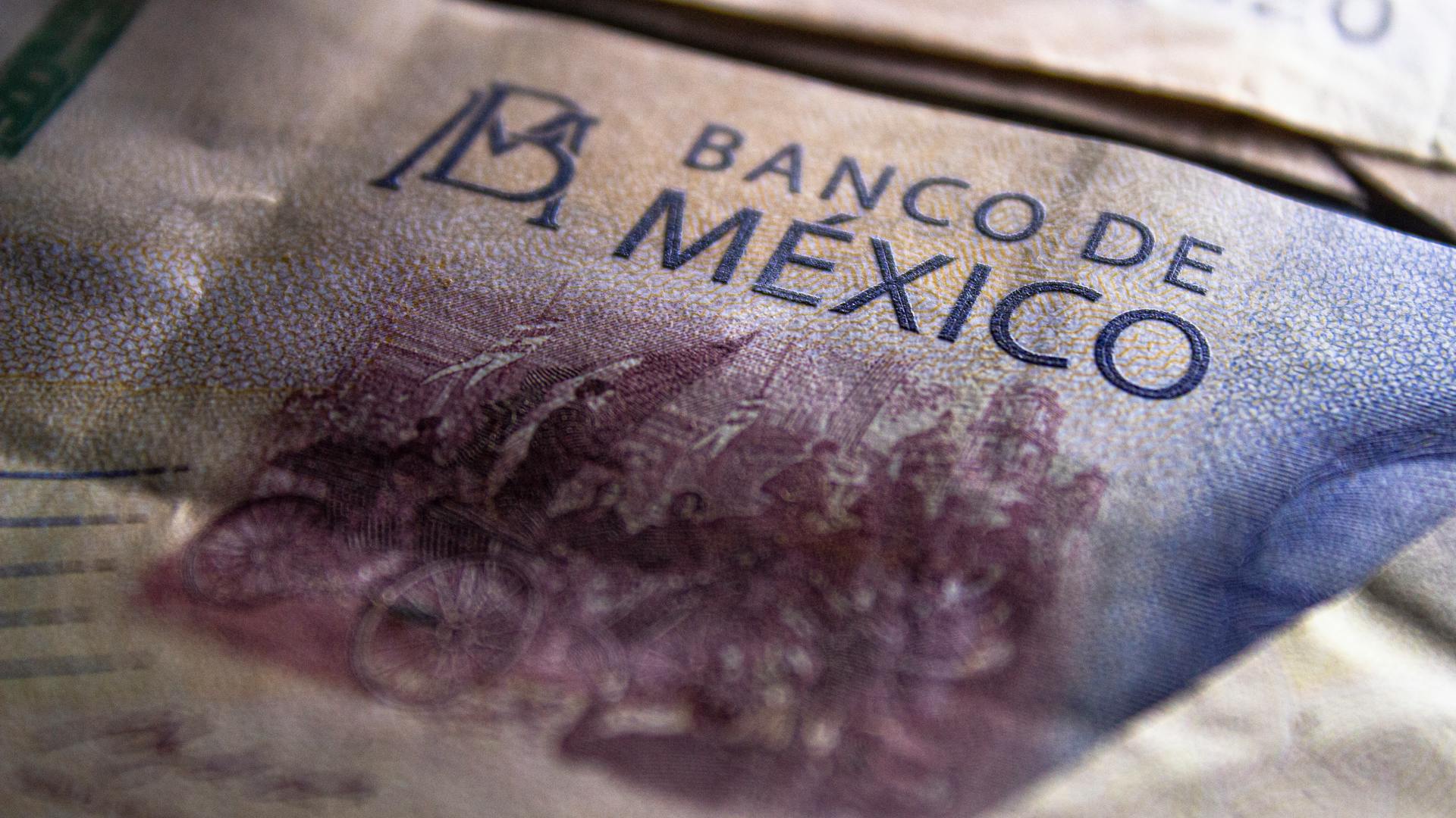 Close-up of Mexican peso banknotes