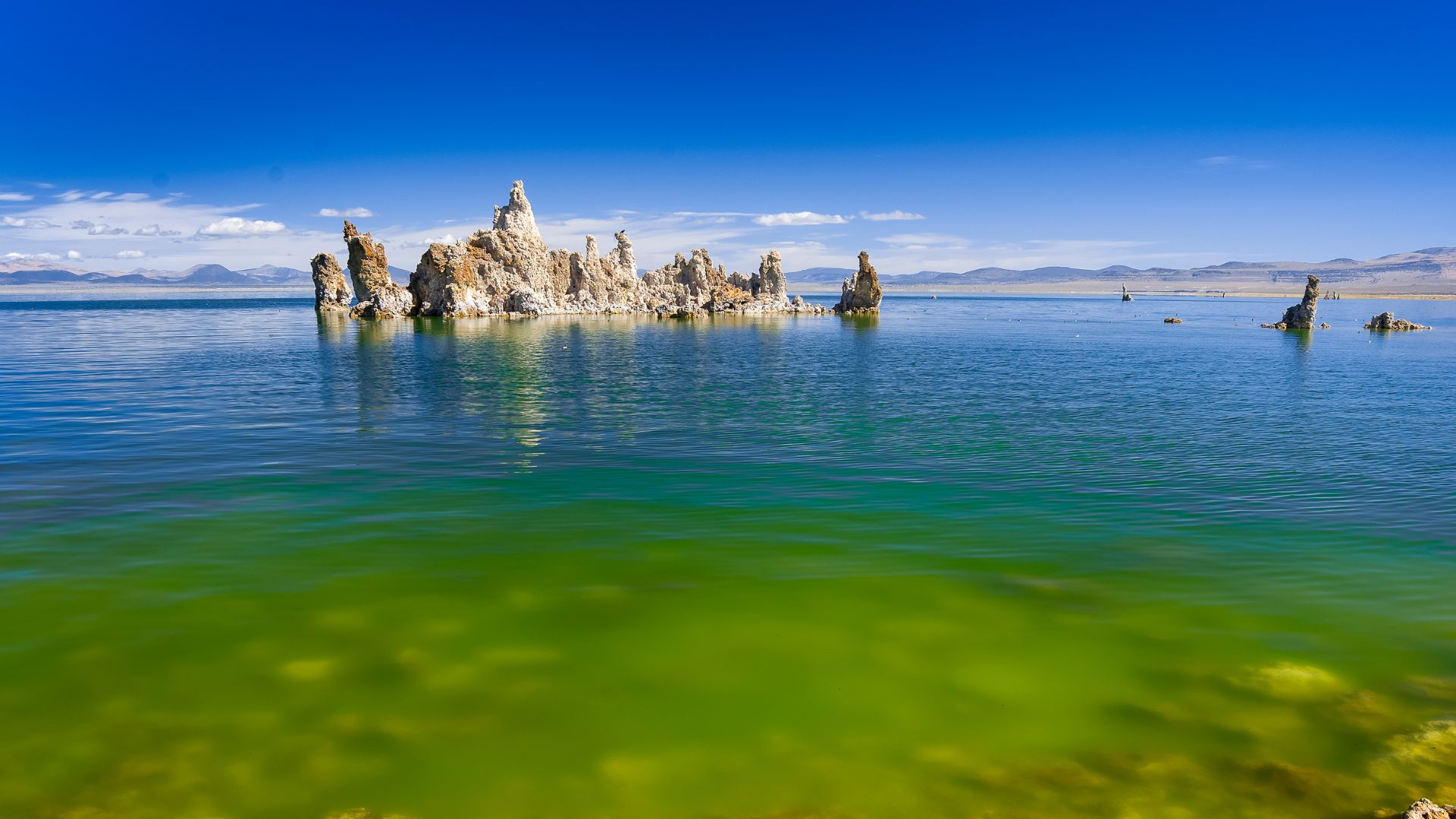 A wide shot of Mono Lake in California, featuring prominent tufa towers rising from the blue-green water under a clear blue sky. The foreground water exhibits a distinct green hue.