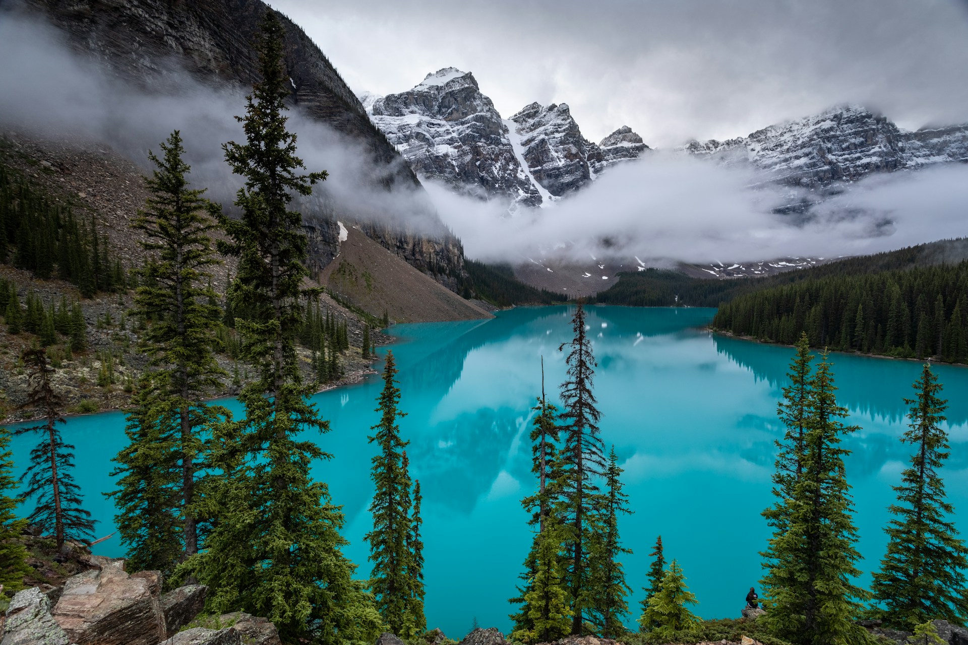 A stunning view of Moraine Lake in Banff National Park, Alberta, Canada
