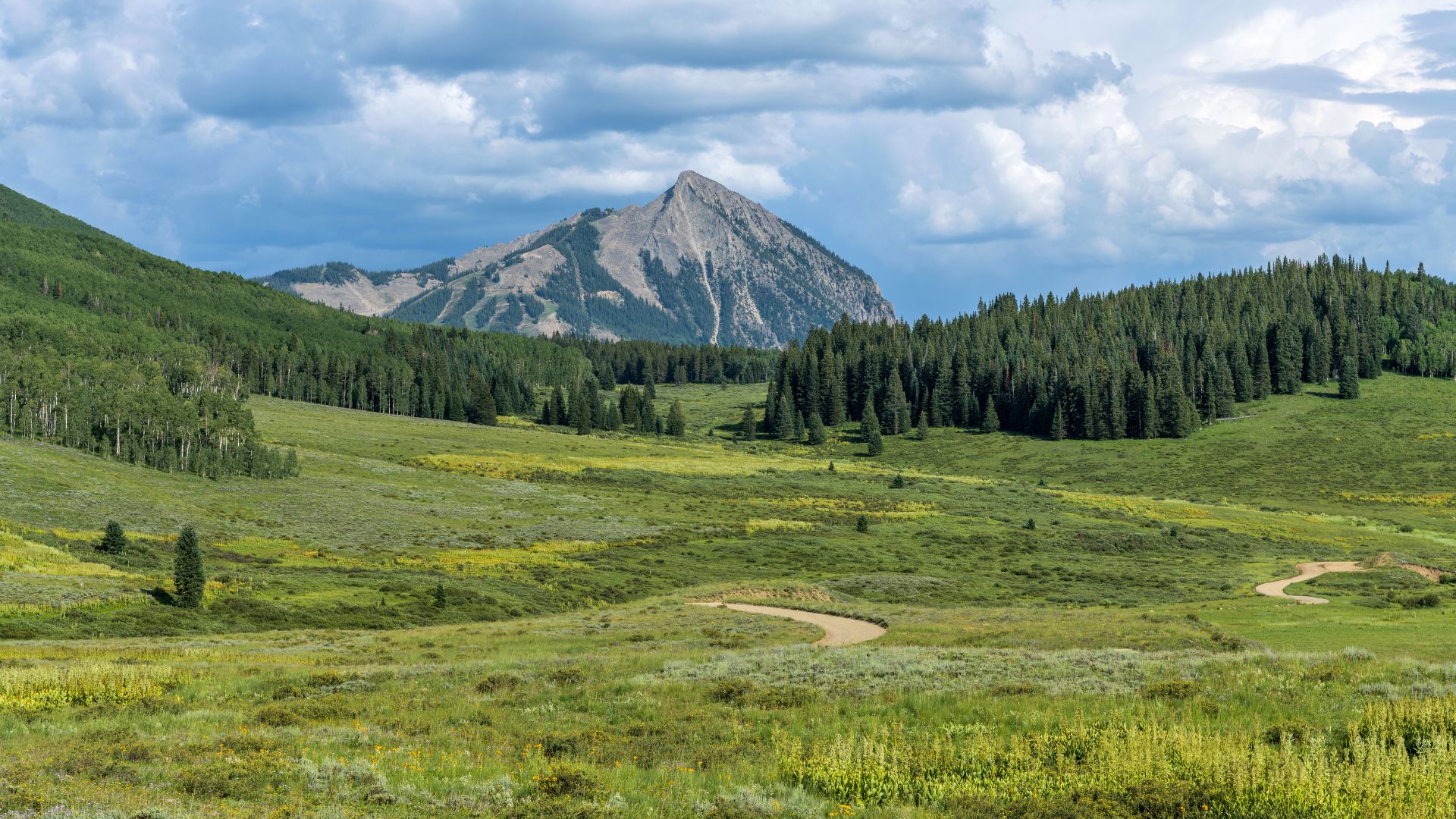 A scenic landscape photograph shows a majestic mountain peak (Mount Crested Butte) under a partly cloudy sky, surrounded by vibrant green meadows and dense evergreen forests, with a winding dirt path visible in the foreground. 