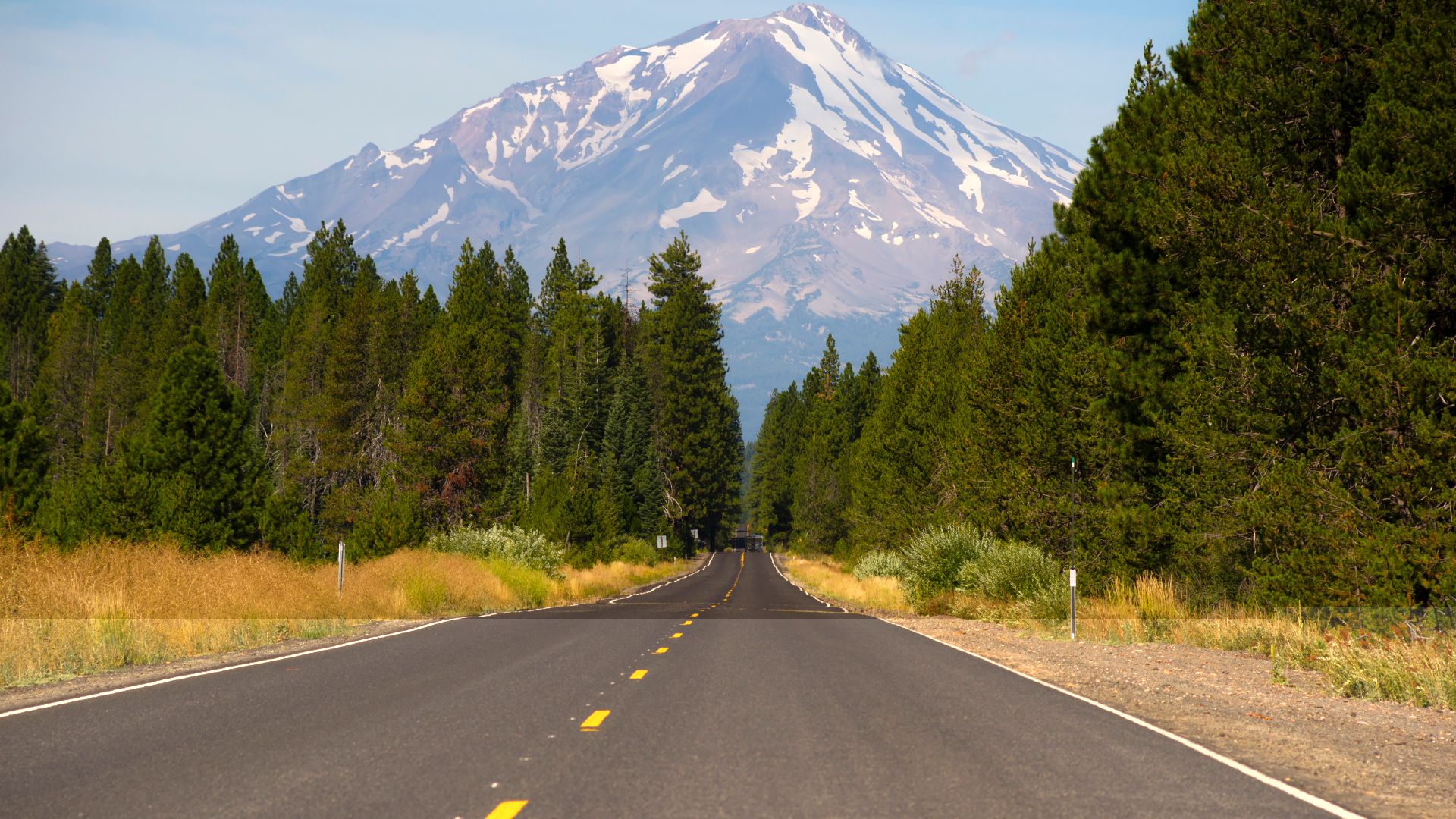 A long, straight road extends towards a large, snow-capped mountain (Mount Shasta) in the distance, flanked by dense green forests and dry grassy fields on either side.