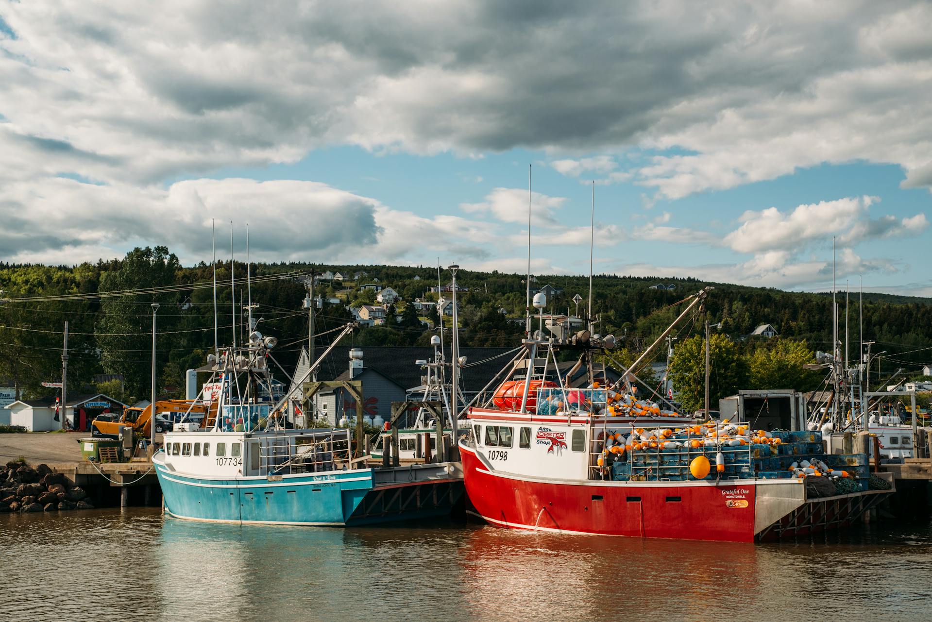A vibrant scene in New Brunswick with a collection of brightly colored boats docked along the shoreline