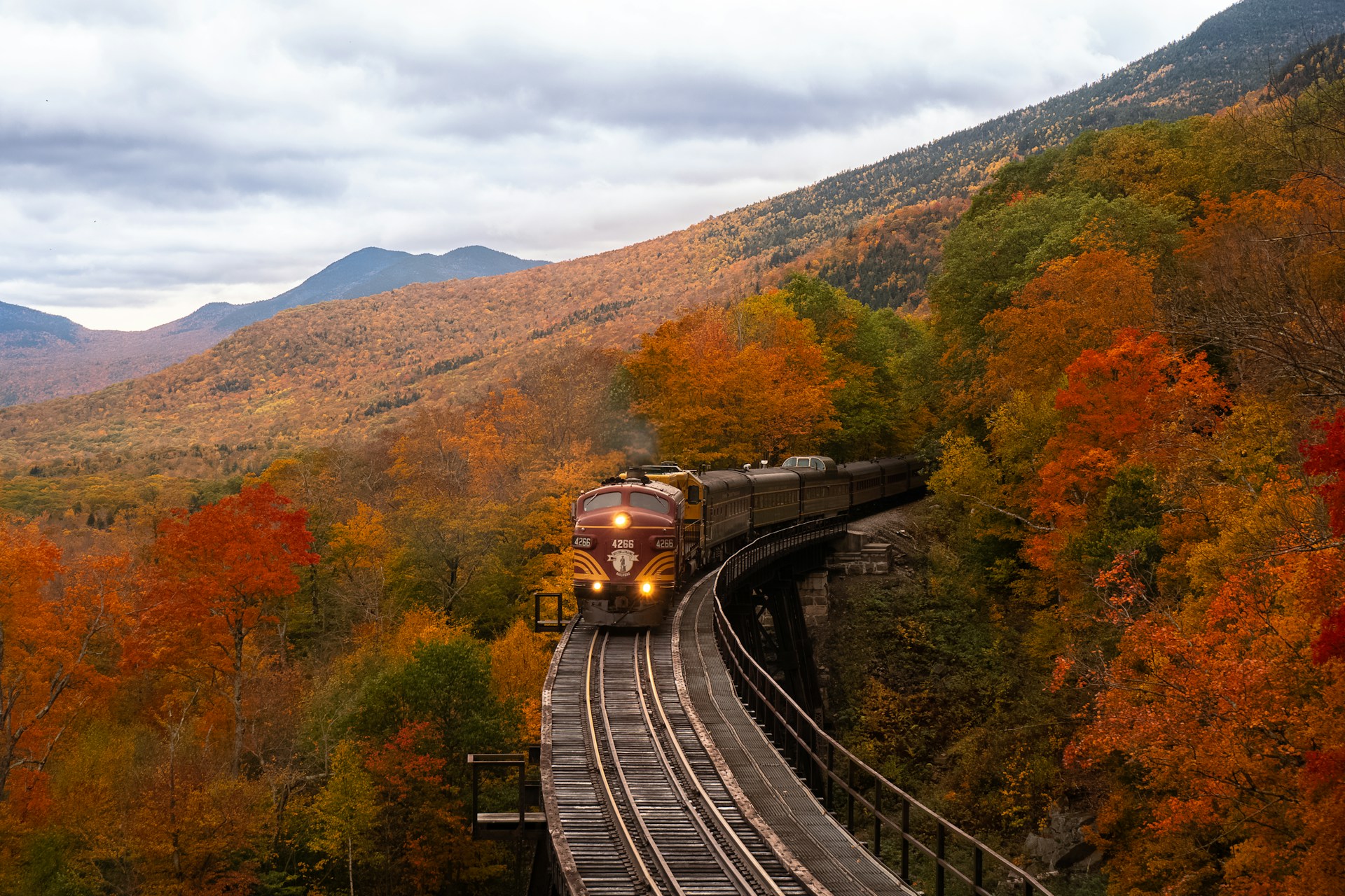 Scenic train traveling through a forest in New Hampshire during autumn
