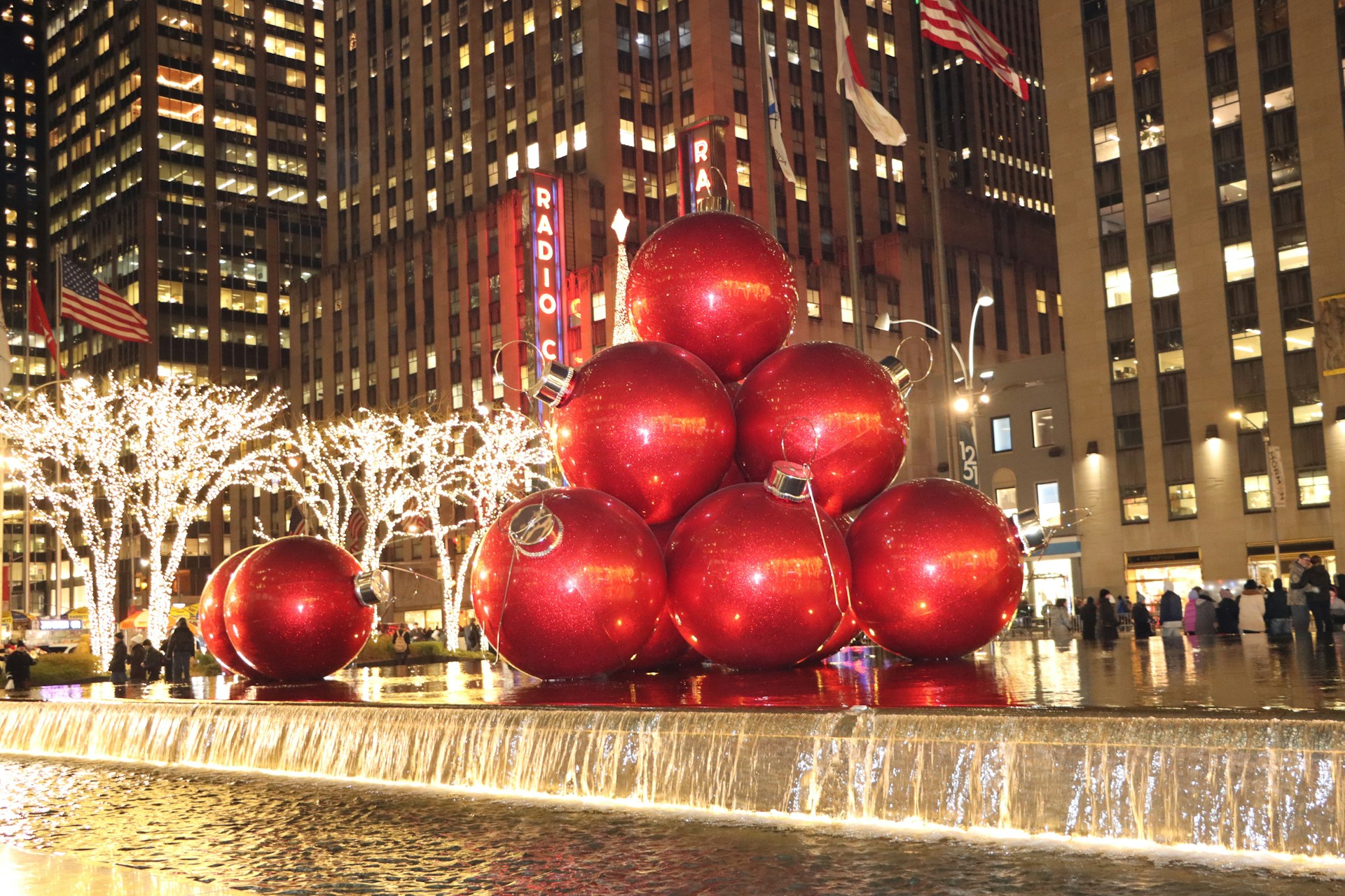 New York City decorated for Christmas with twinkling lights