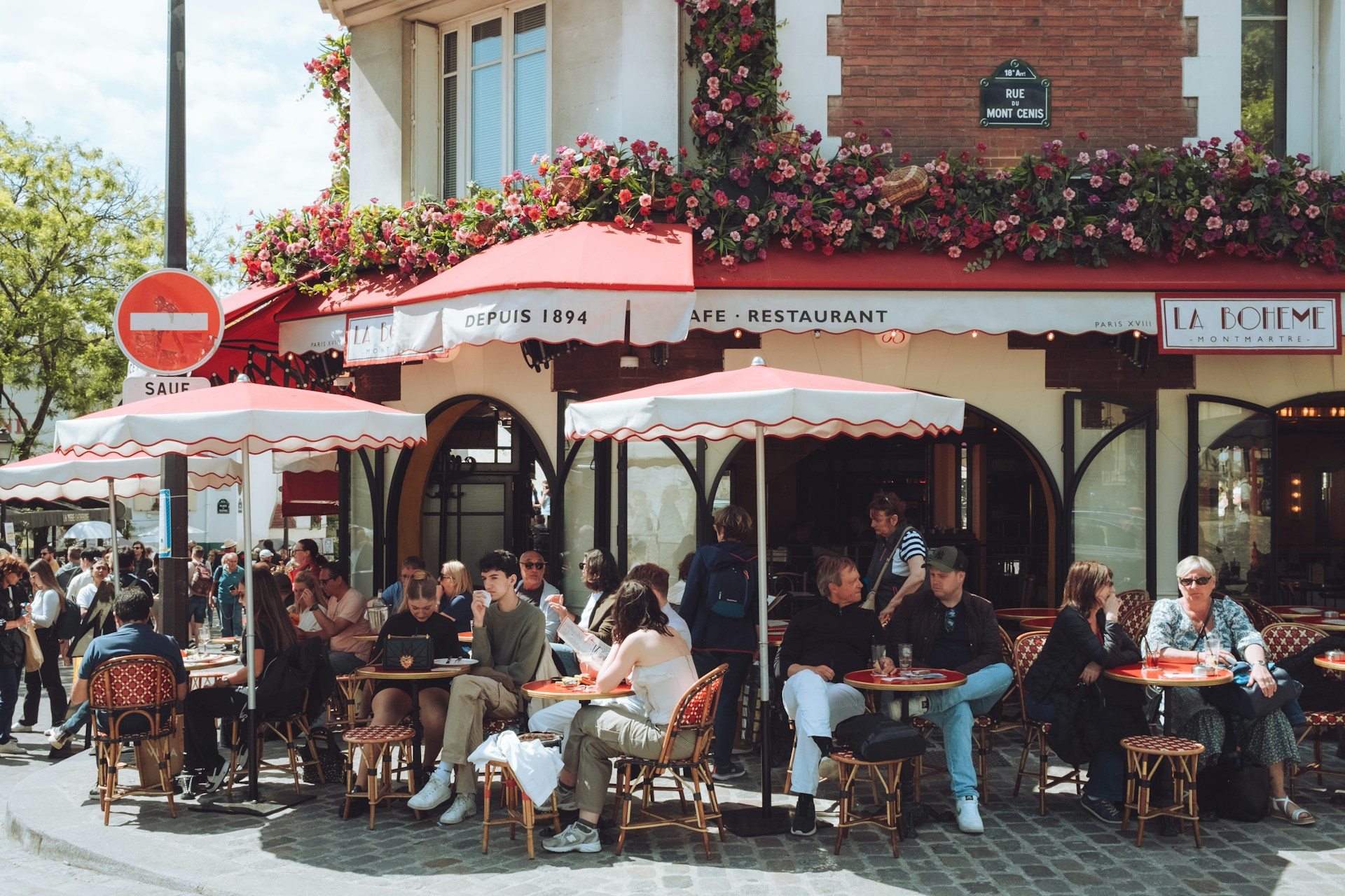 A charming Parisian street lined with outdoor cafés