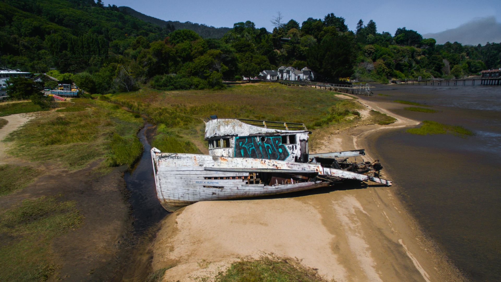A weathered, abandoned white boat with graffiti on its upper structure rests on a sandy and muddy shore next to a body of water, with green hills and trees in the background under a clear sky.