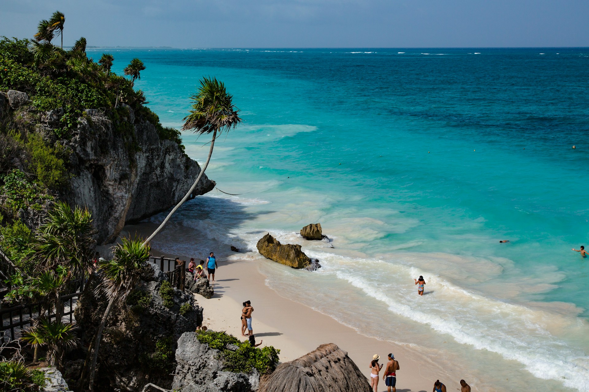 Scenic view of the turquoise Caribbean Sea along the white sandy beaches of the Riviera Maya, Mexico