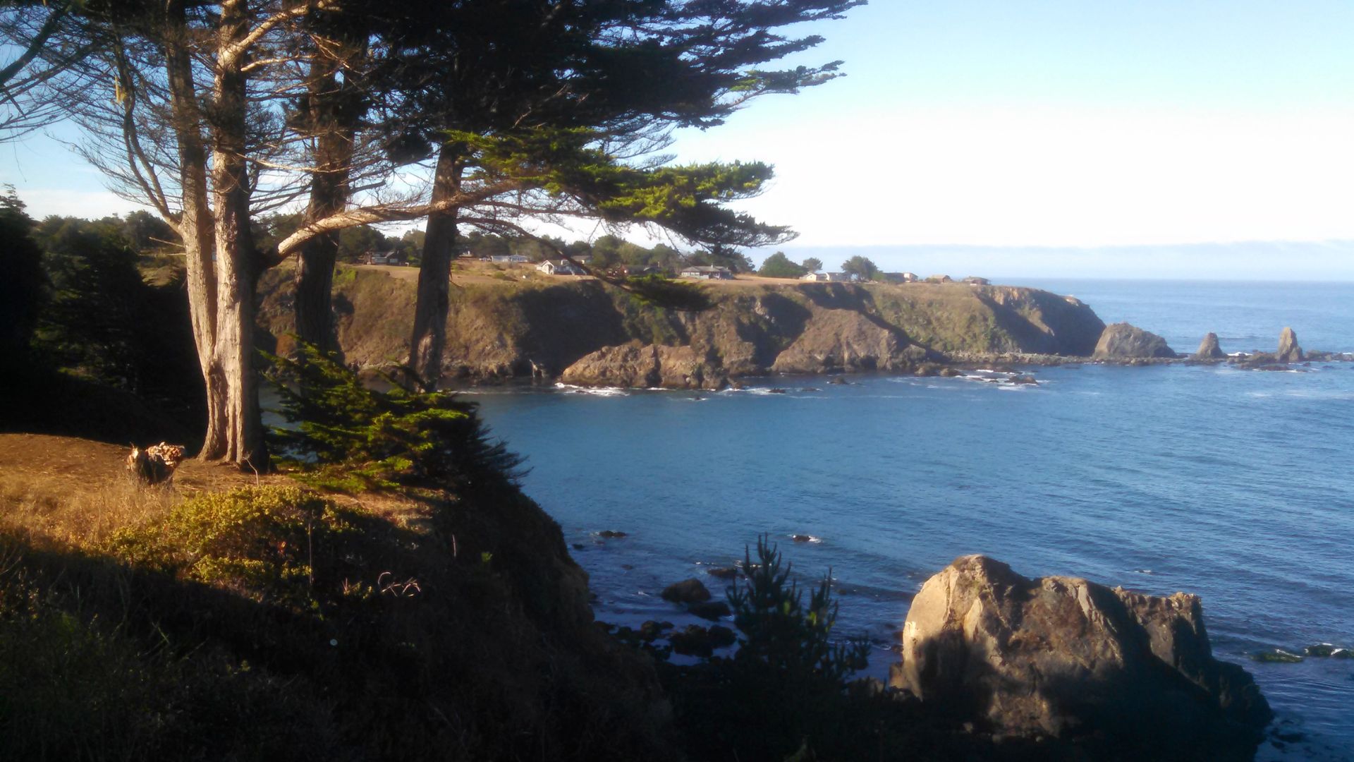 A scenic coastal landscape featuring a calm blue ocean bay with large rocks in the foreground and a rugged coastline with cliffs and trees under a clear sky.