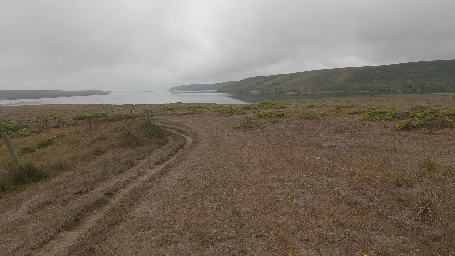 A dirt path winds through dry, grassy fields towards a calm body of water, likely Tomales Bay, under a cloudy sky, with rolling hills visible in the distance.