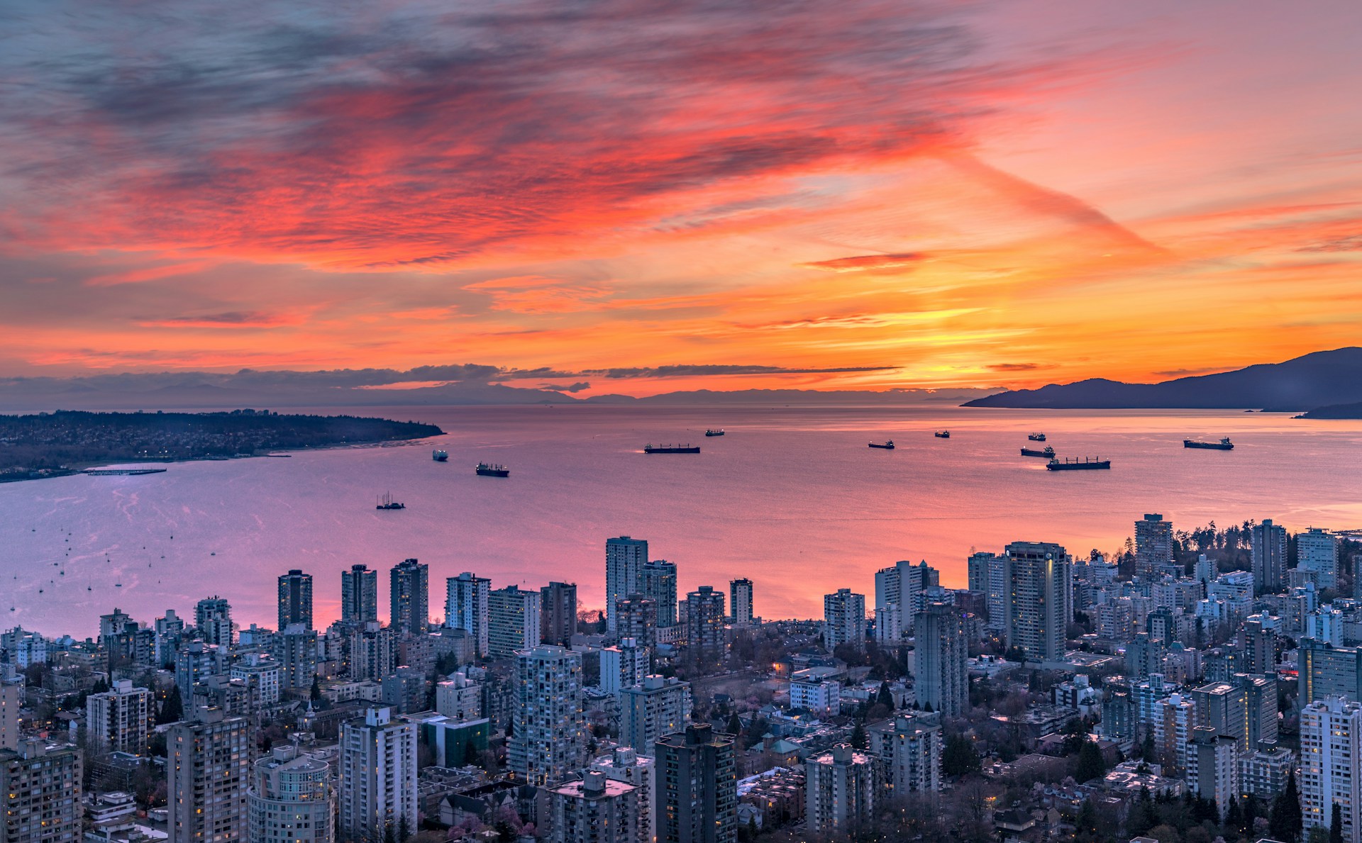 Aerial view of downtown Vancouver at sunset