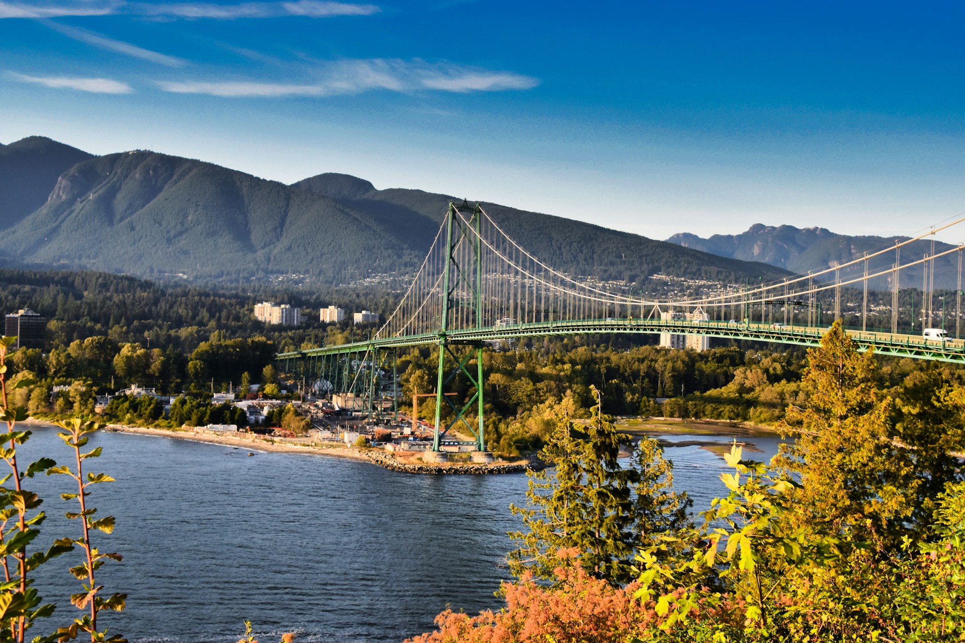 The green-painted Lions Gate Bridge in Vancouver
