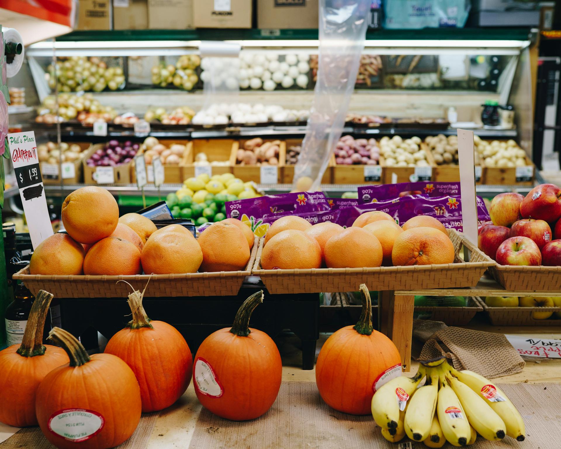 Vegetables and Fruits on Display in Toronto Grocery