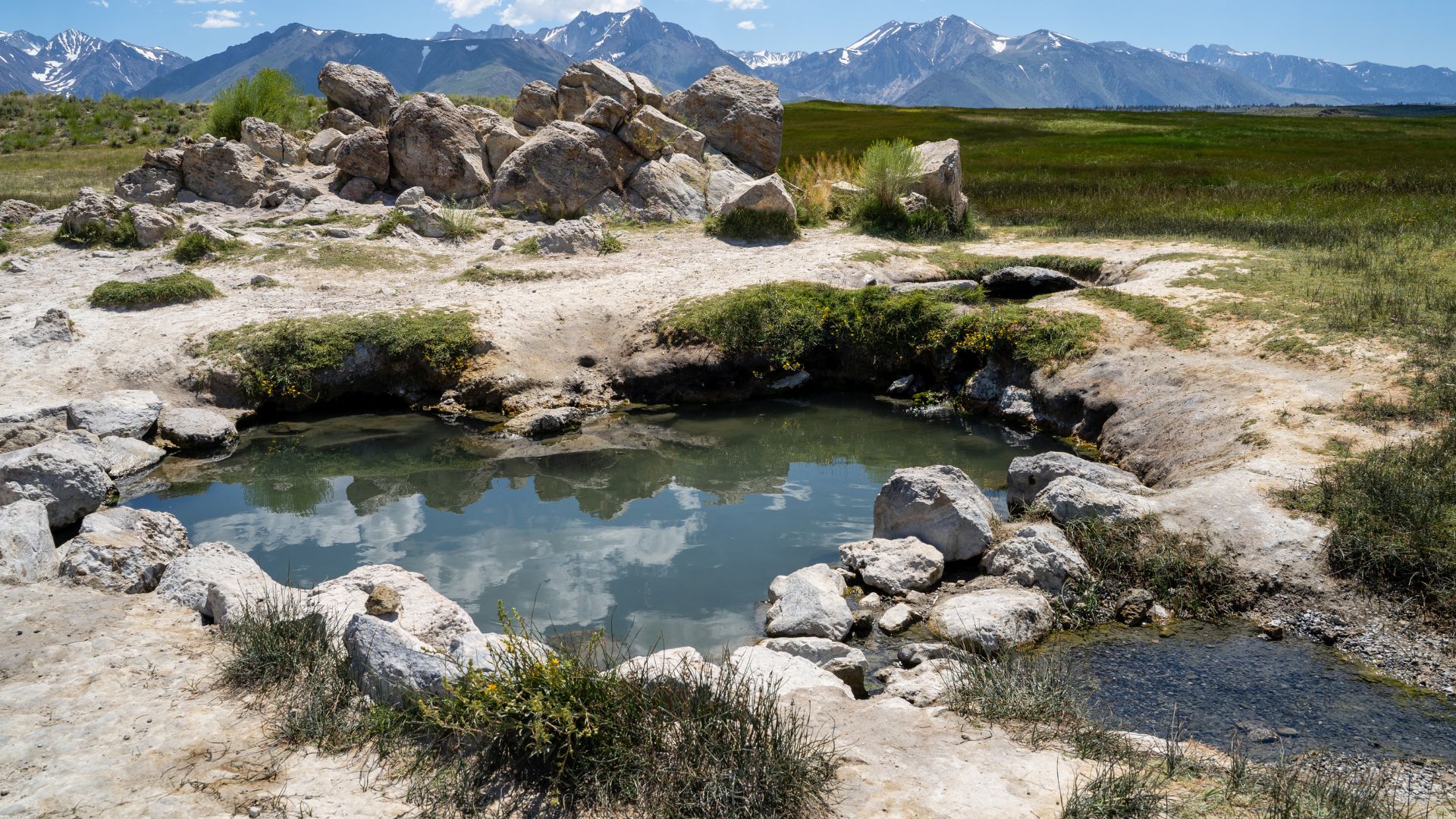 A natural hot spring with clear, reflective water surrounded by rocks and sparse vegetation, set against a backdrop of distant mountains under a blue sky.
