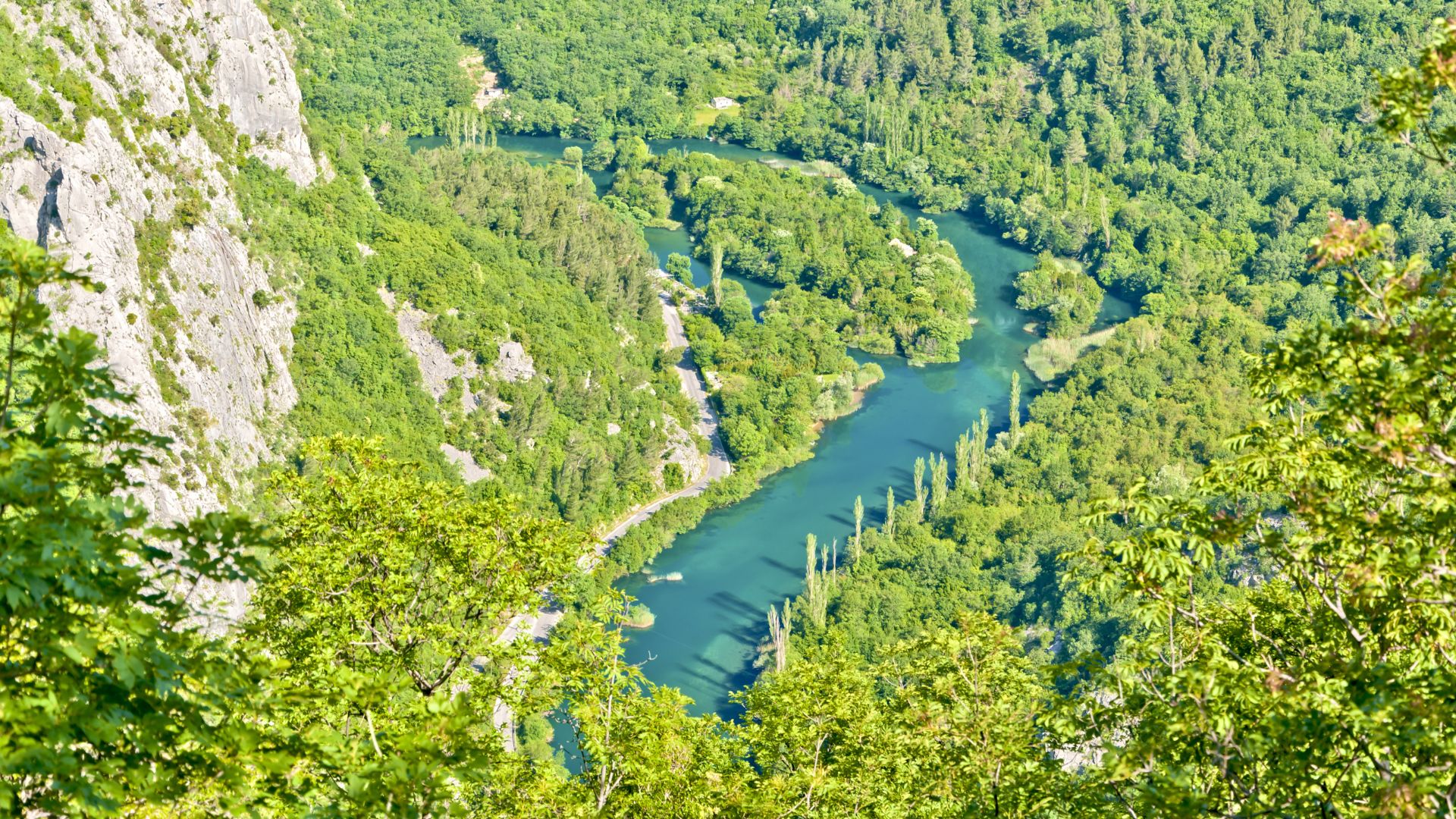An aerial view of the vibrant green Cetina River winding through a deep, tree-lined canyon with steep, rocky cliffs on one side under a bright sky.