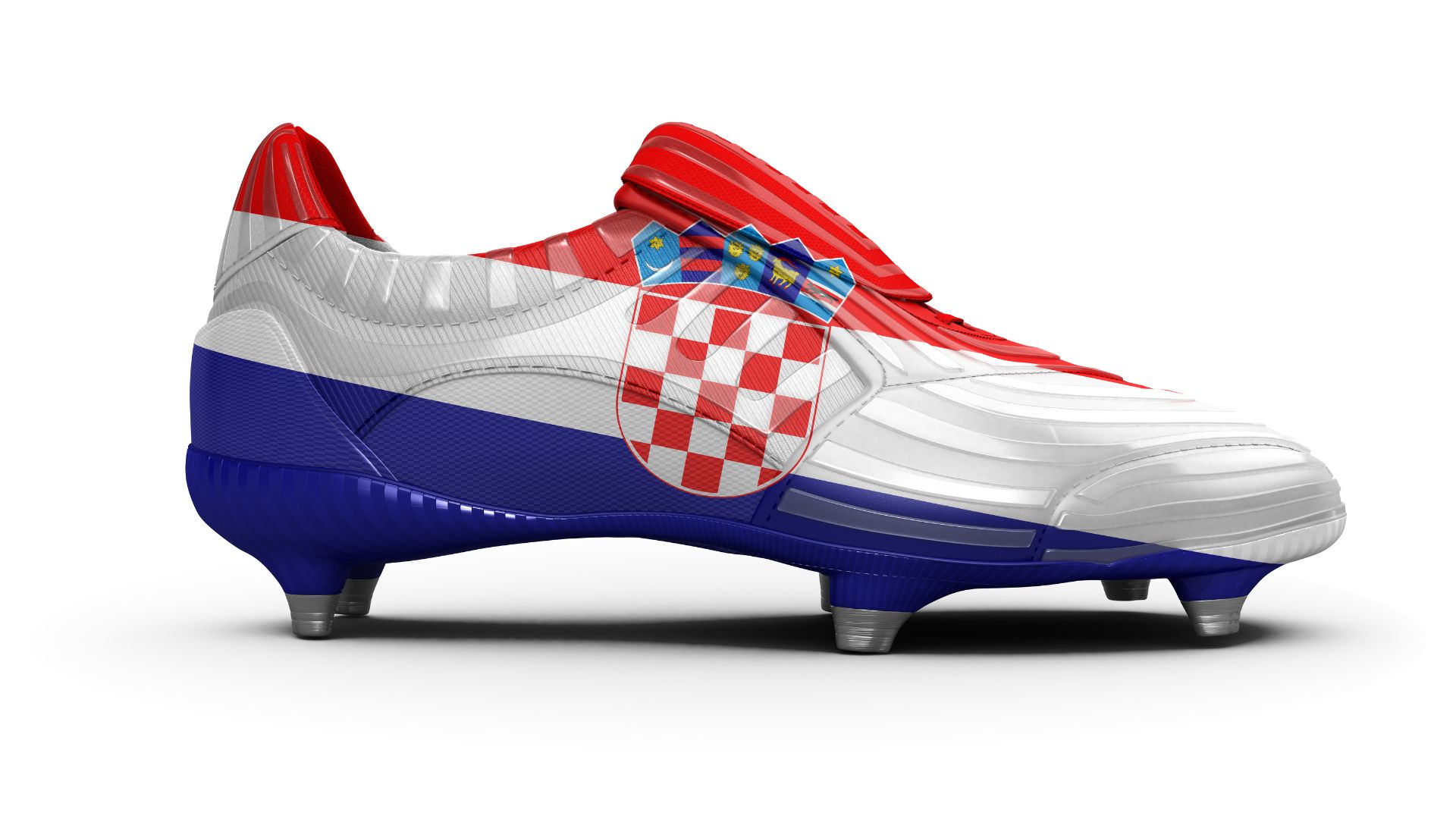 A football boot prominently featuring the red, white, and blue colors and the distinctive checkerboard coat of arms of the Croatian flag.