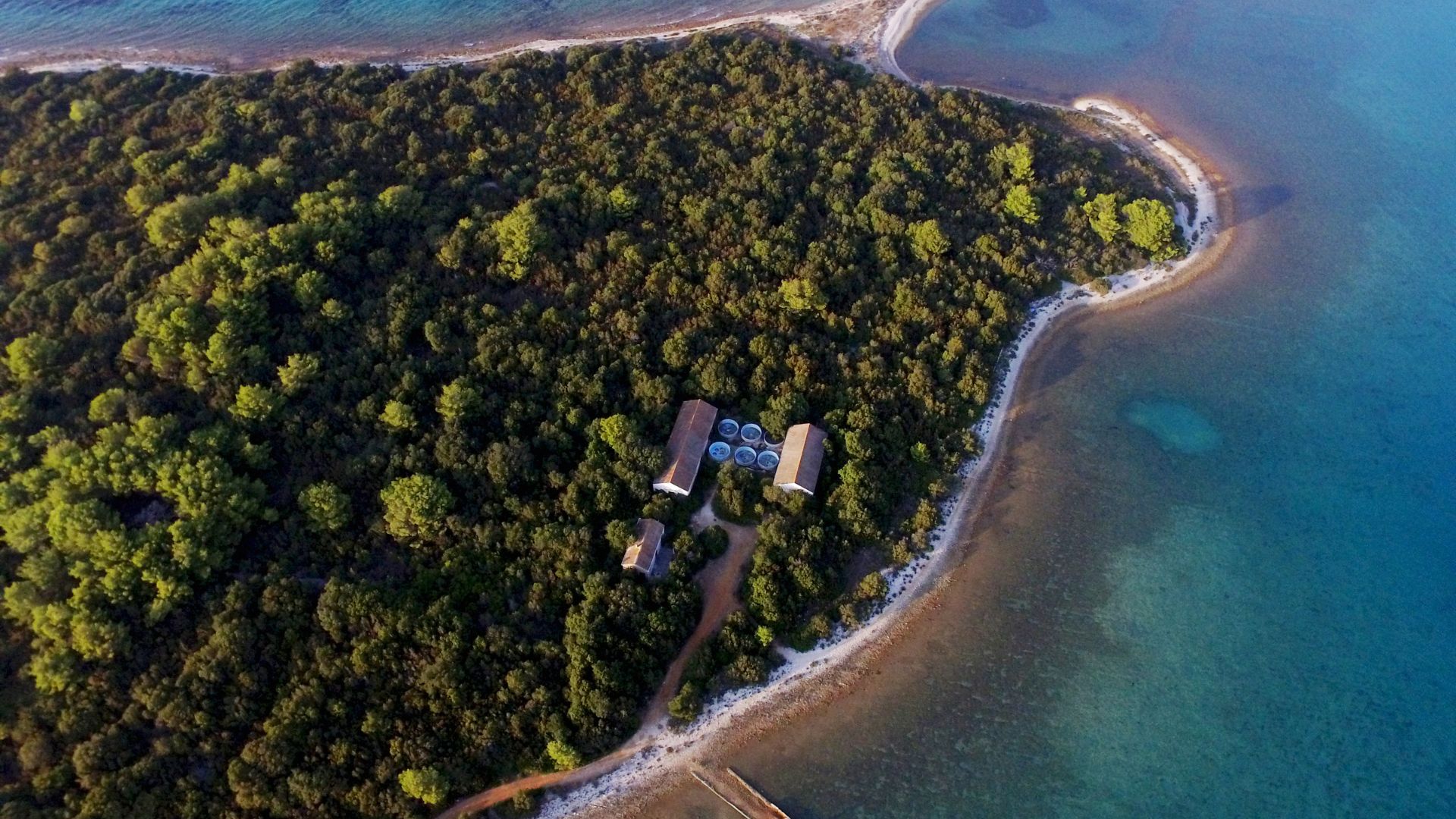 An aerial view shows a lush green, forested island with a few buildings nestled among the trees, bordered by a sandy coastline and clear blue-green waters of the sea.