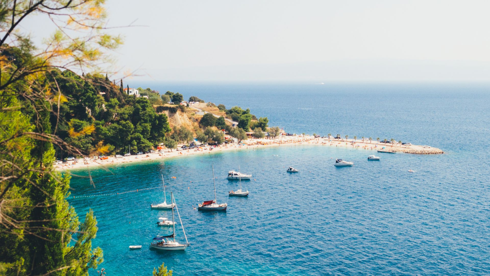 A wide shot of a serene beach scene featuring a crescent-shaped pebbly beach lined with trees and a pier extending into clear, turquoise waters dotted with several boats and yachts. 