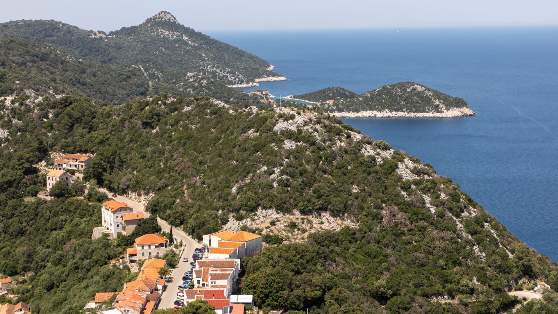 A high-angle view of a village with red-roofed houses built into a lush, green hillside, sloping down towards the clear blue waters of the Adriatic Sea, with other forested islands visible in the distance under a bright sky.