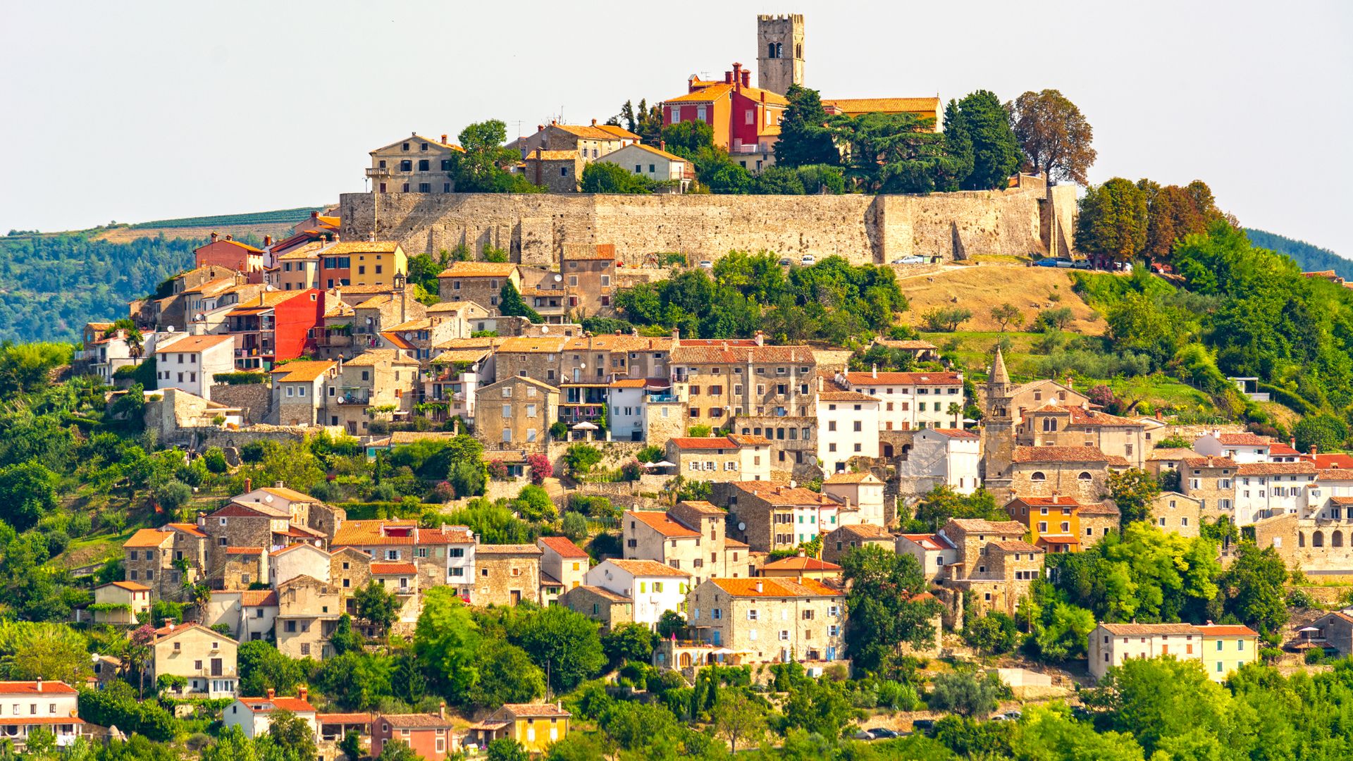 A picturesque medieval hill town, Motovun, in Istria, Croatia, with its historic buildings and a prominent church tower perched atop a lush green hill, surrounded by trees and overlooking a valley.
