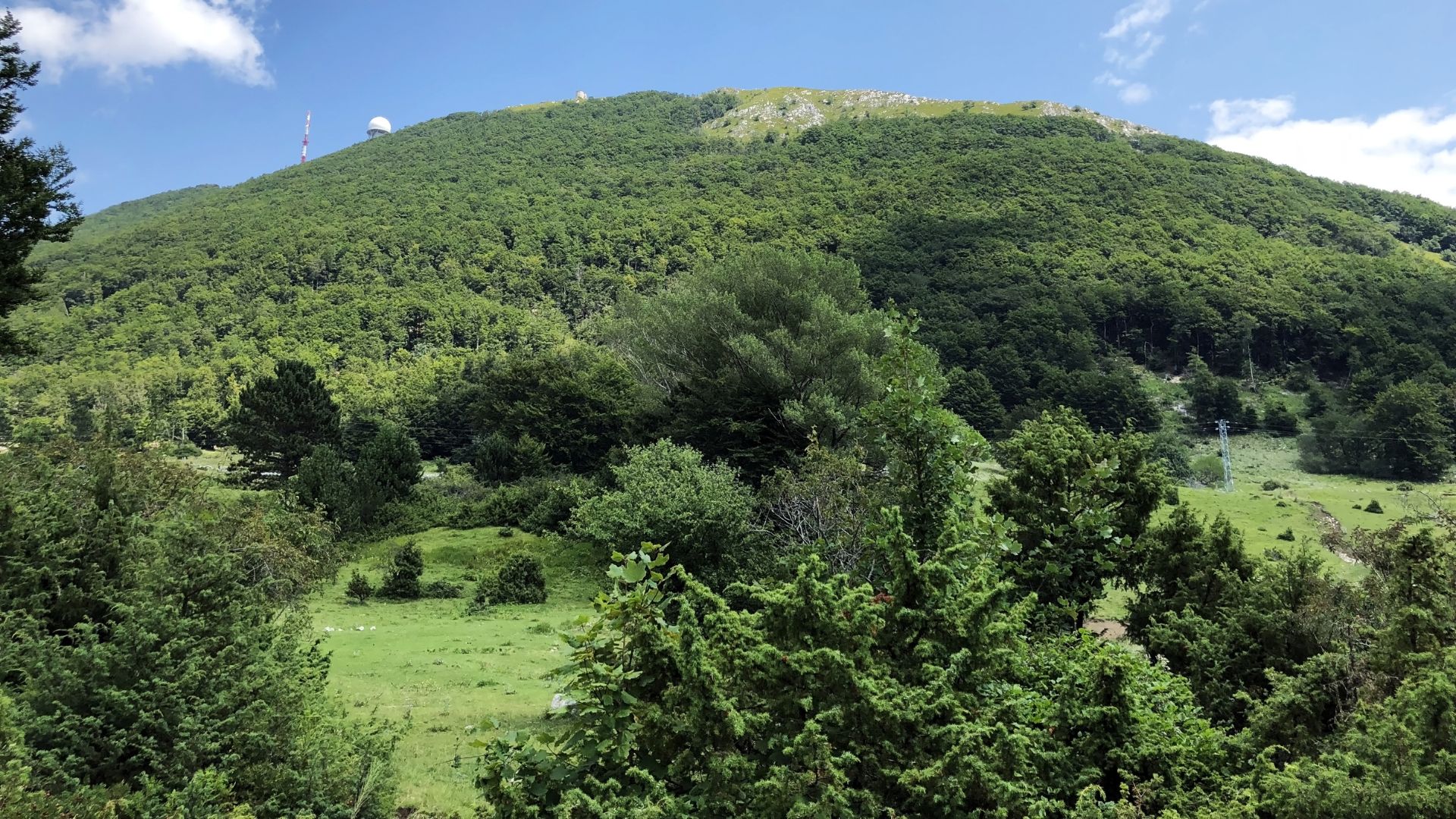 A panoramic view of a lush green, forested mountain, likely Mount Učka, under a clear blue sky with scattered white clouds, featuring visible structures (possibly communication towers or an observation tower) near the summit.