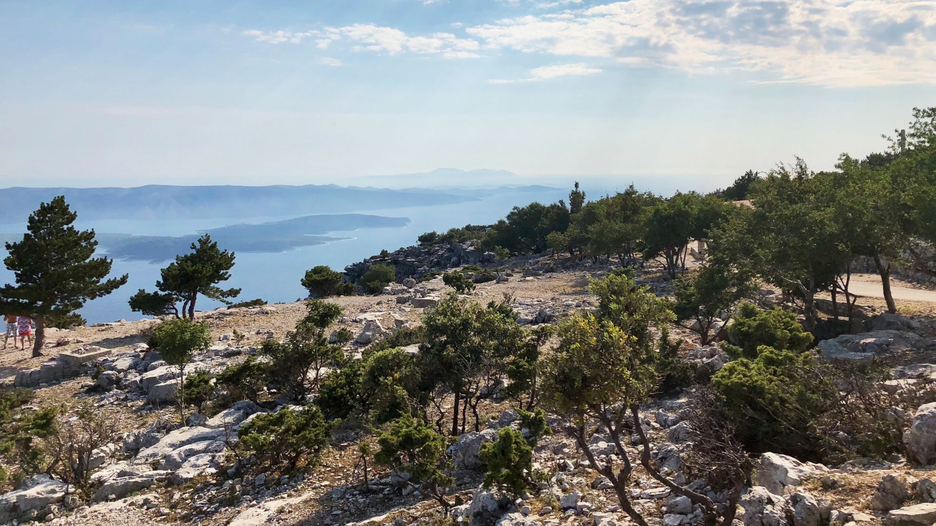 A panoramic view from Vidova Gora, showing a rocky, scrubland-covered hillside with scattered trees, overlooking the clear blue Adriatic Sea and distant islands under a partly cloudy sky.