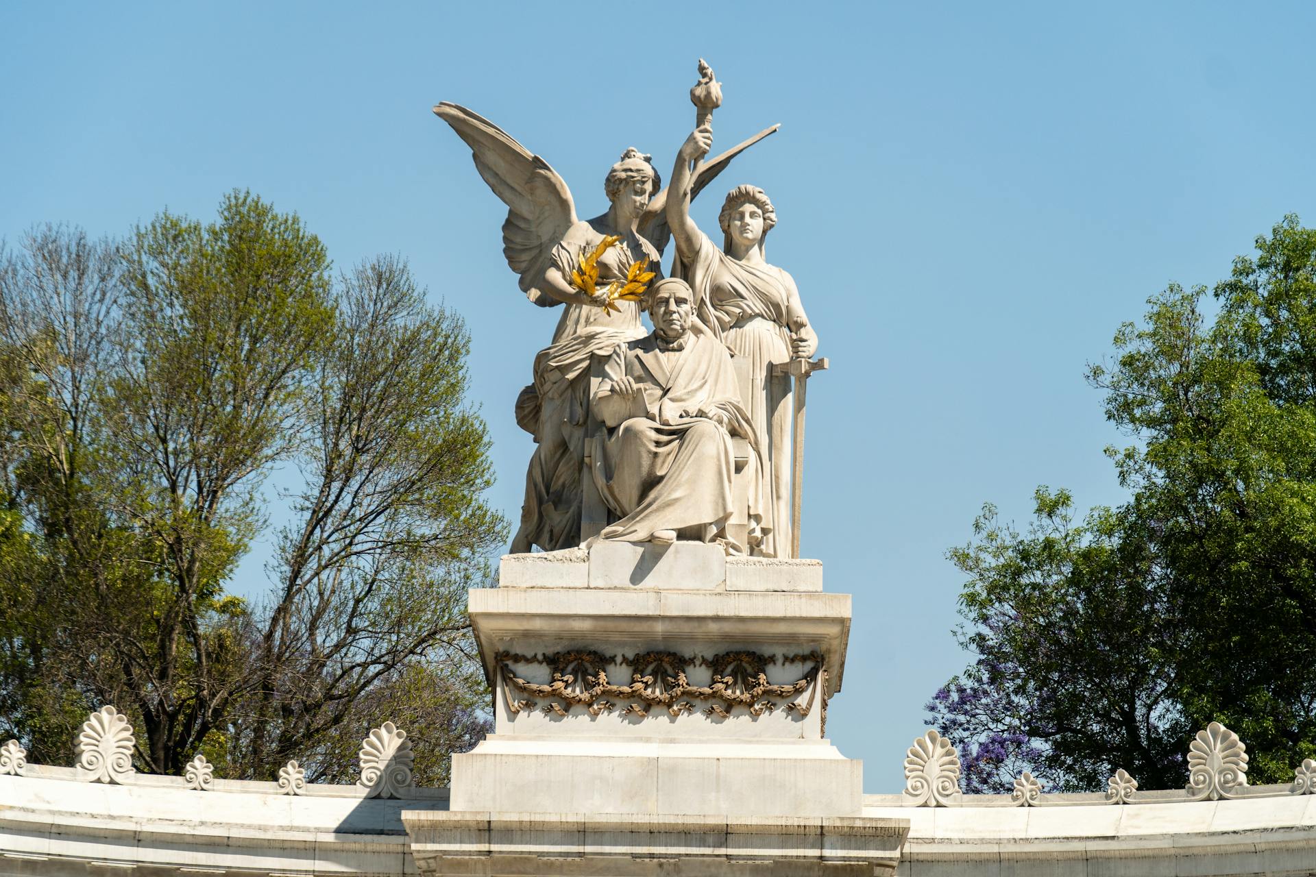 View of the Statue on the Benito Juarez Hemicycle Monument in Mexico City in Spring