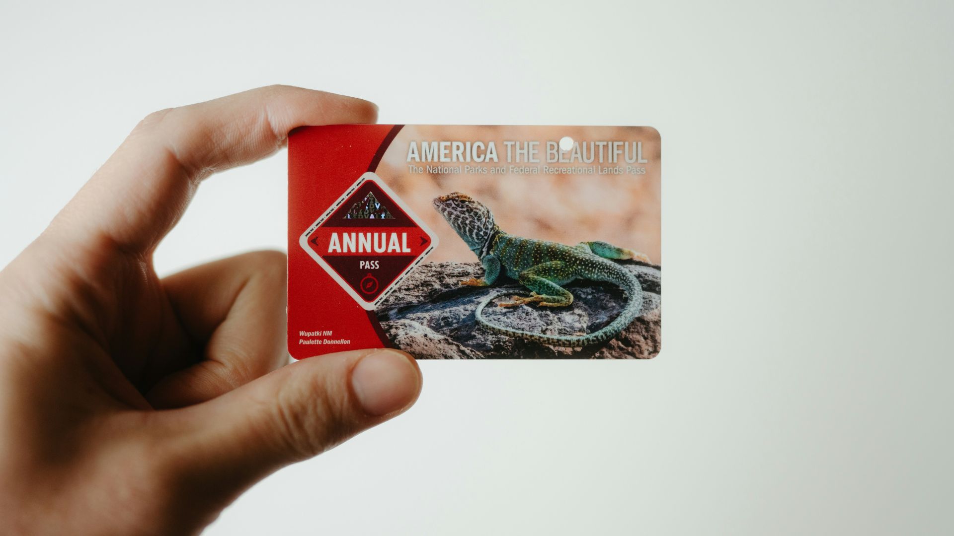 A hand holds an America the Beautiful National Parks and Federal Recreational Lands annual pass.