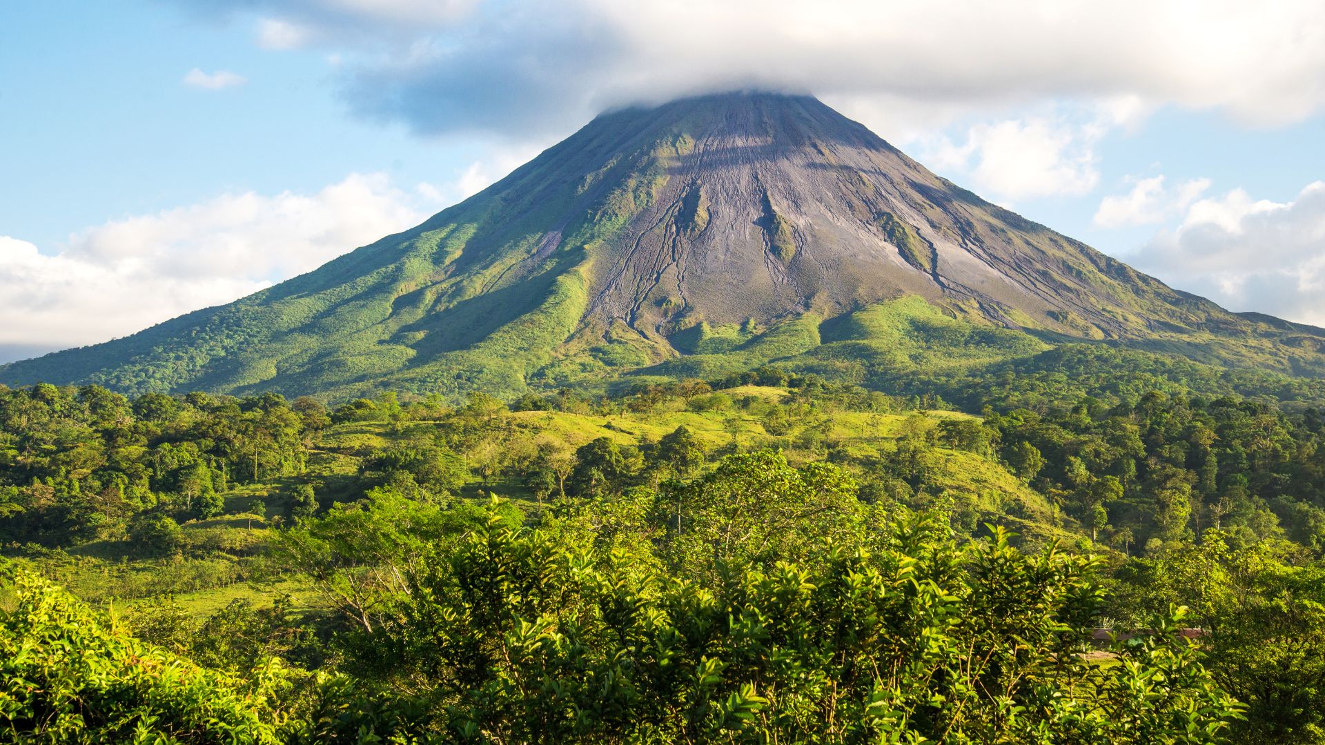 Panoramic view of greeneries and Arenal Volcano in Costa Rica.