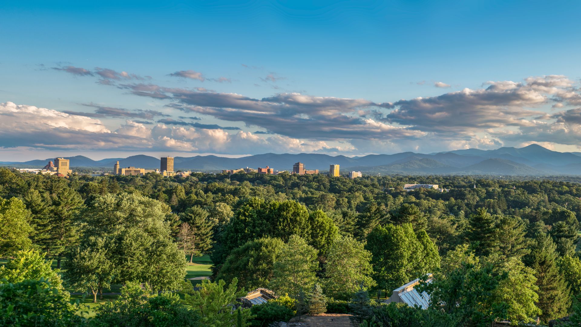 A panoramic, elevated photograph of the city of Asheville, North Carolina, showing a dense forest in the foreground and several high-rise buildings in the middle distance, all situated at the base of the rolling, blue-hued Blue Ridge Mountains under a partly cloudy sky.